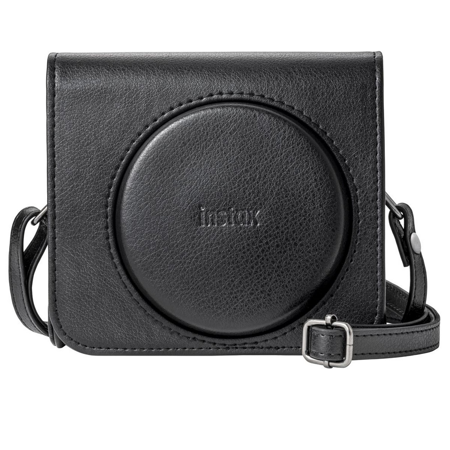 Zwarte leren cameratas met een riem. De tas is rond met de naam "instax" in reliëf.