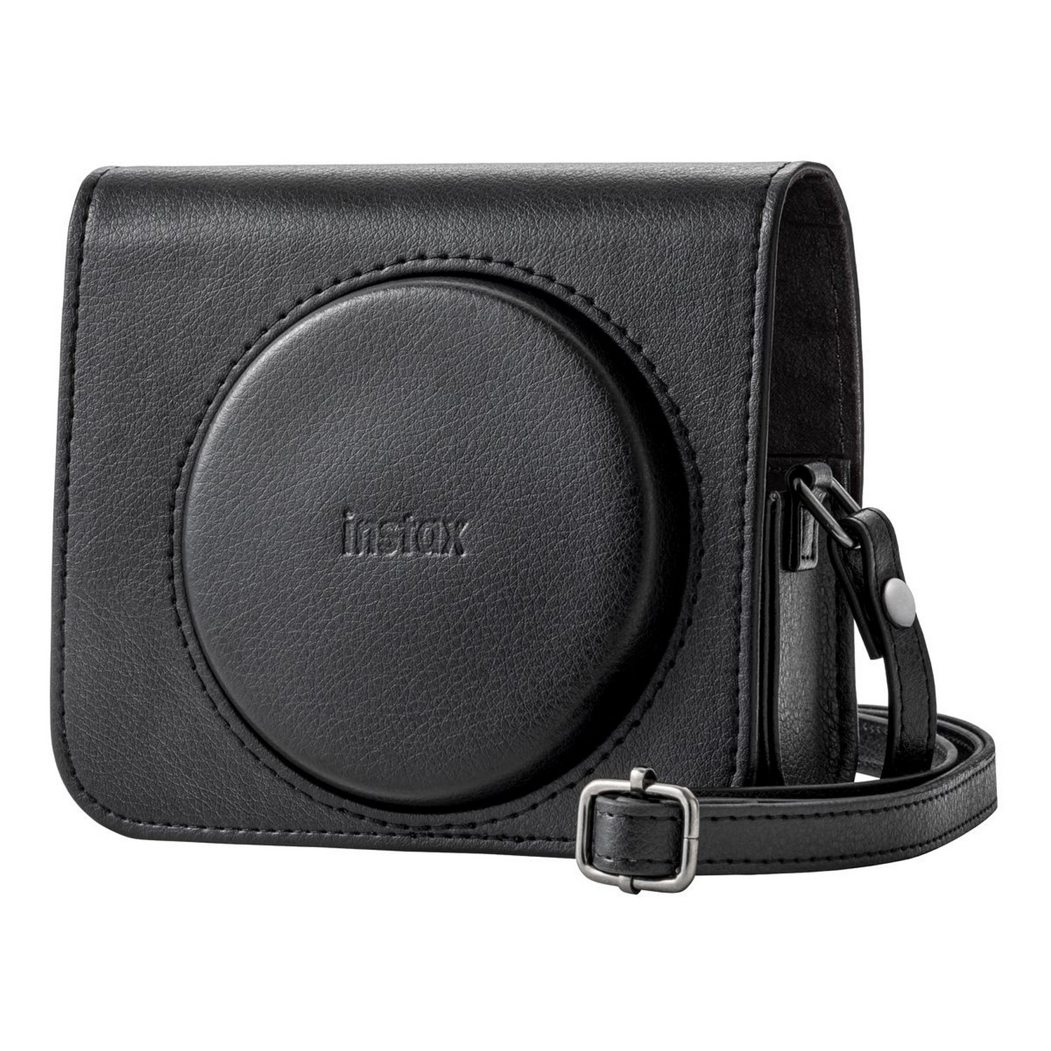 Zwarte leren camerahoes met een ronde voorkant en een reliëf instax-logo.