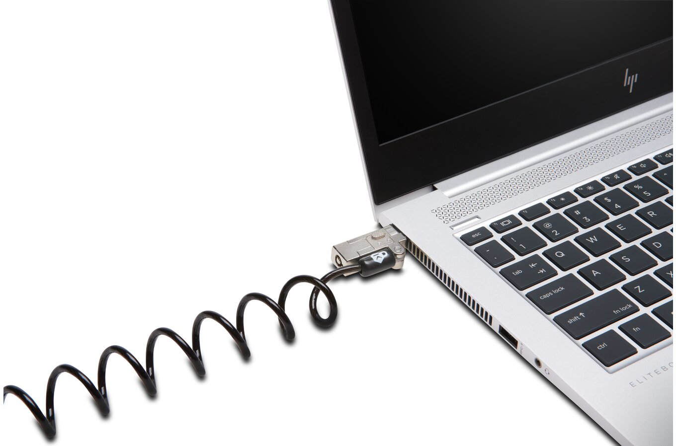 Laptop fekete kábelzárral rögzítve, fehér háttéren.