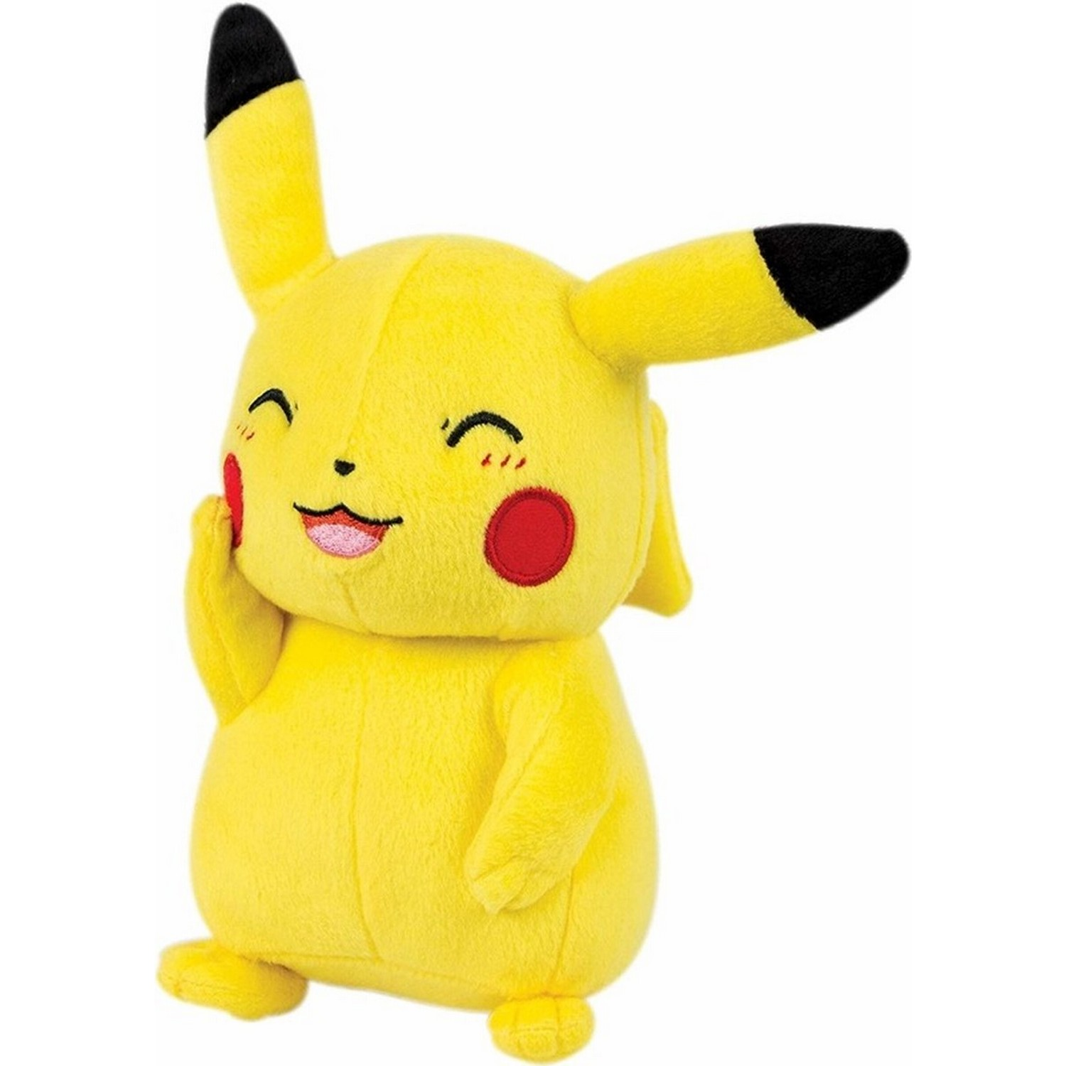 Yellow Pikachu plush toy with black ears, red cheeks, and a smiling face.