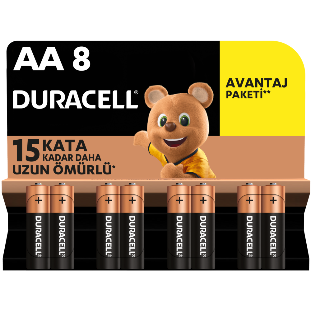 Duracell AA 8'li pil paketi. Ambalaj, ayı grafiği ve metin içeren kahverengi ve sarıdır.