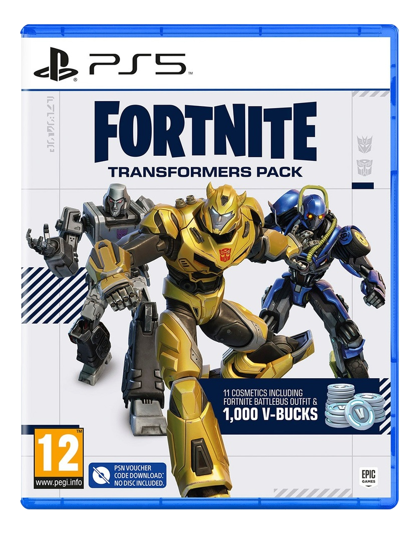 Boîtier de jeu PS5 pour Fortnite, avec des personnages Transformers et des détails du jeu.