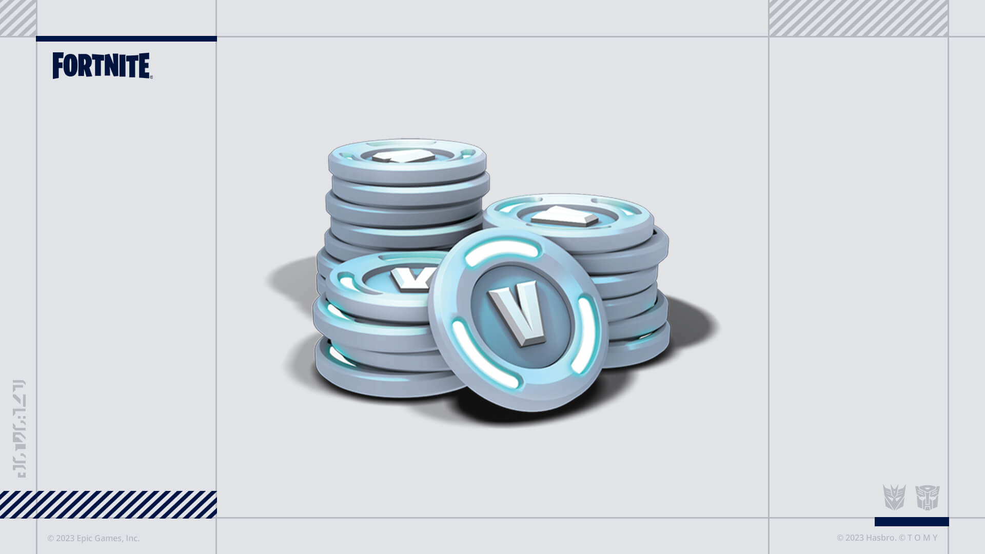 Une pile de pièces V-Bucks Fortnite. Les pièces sont argentées et ont le logo V, sur fond gris.