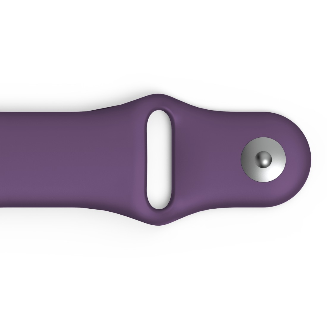 Nahaufnahme eines lilafarbenen Uhrenarmbands mit silbernem Verschluss.