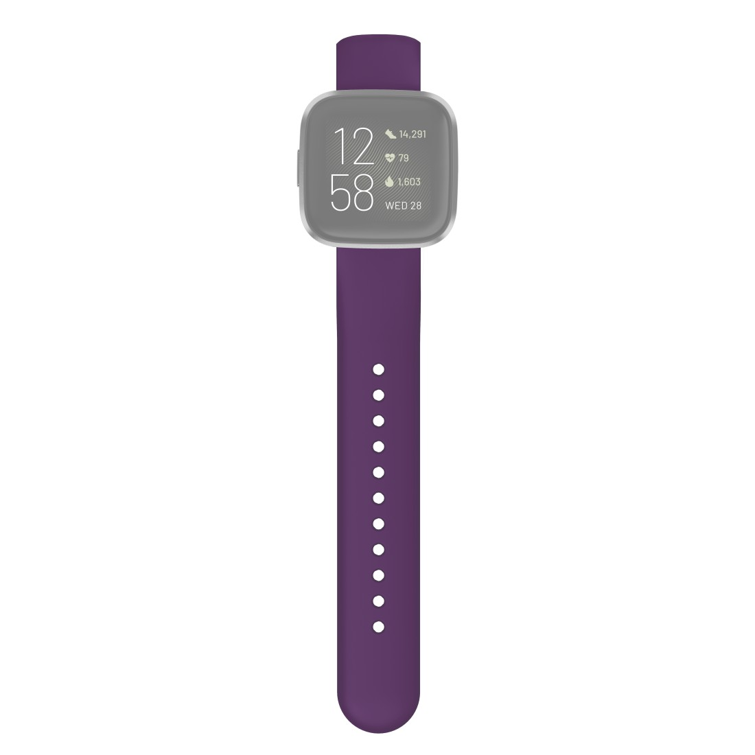 Smartwatch mit lila Armband, zeigt Zeit und Schritte an.