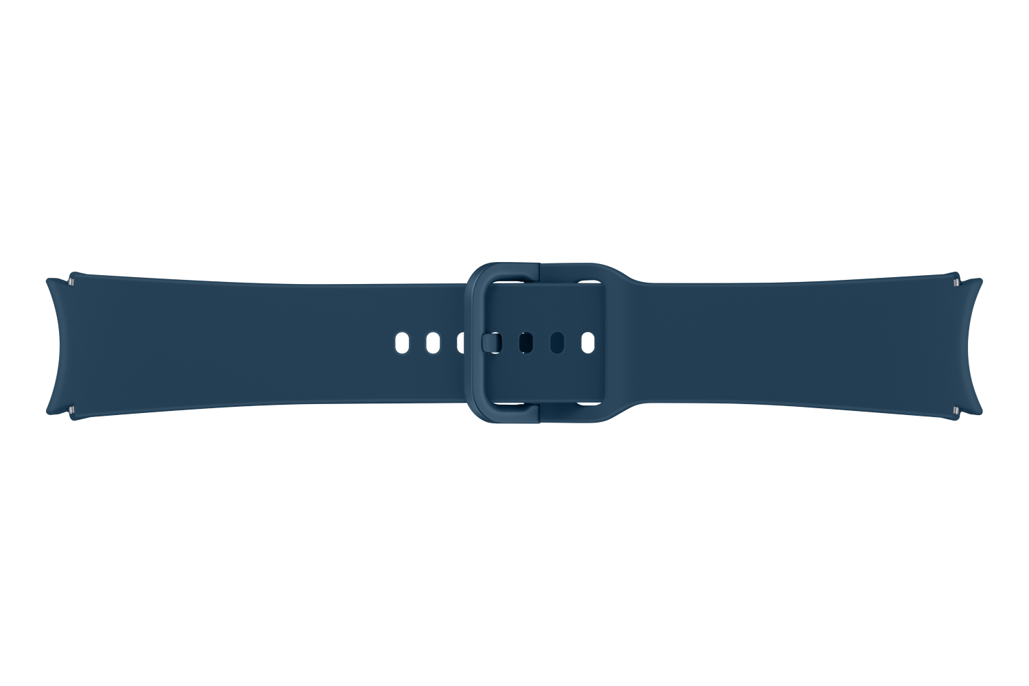 Una correa de reloj azul oscuro sobre un fondo blanco. La correa tiene una hebilla y varios agujeros.