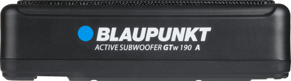 Fekete Blaupunkt aktív mélynyomó, fehér logóval és szöveggel.