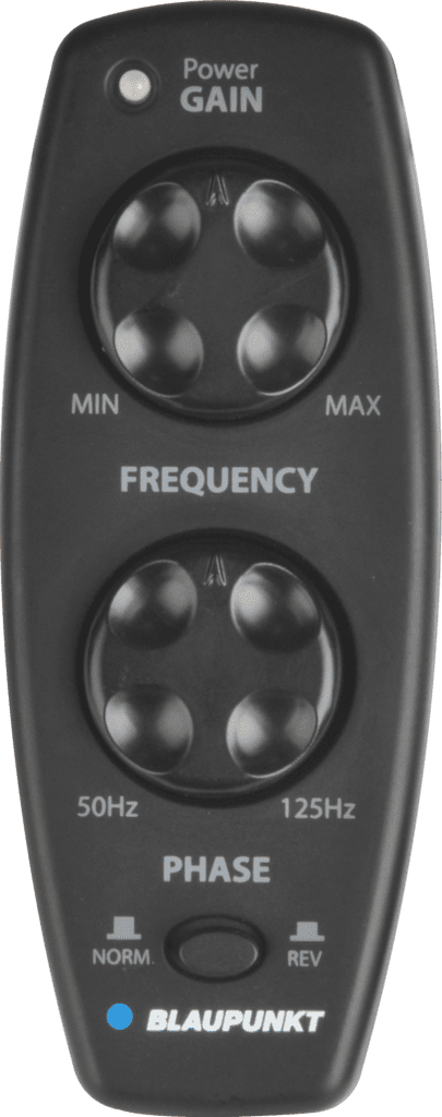Egy fekete Blaupunkt audio távirányító gombokkal, gombokkal és kék LED-del.