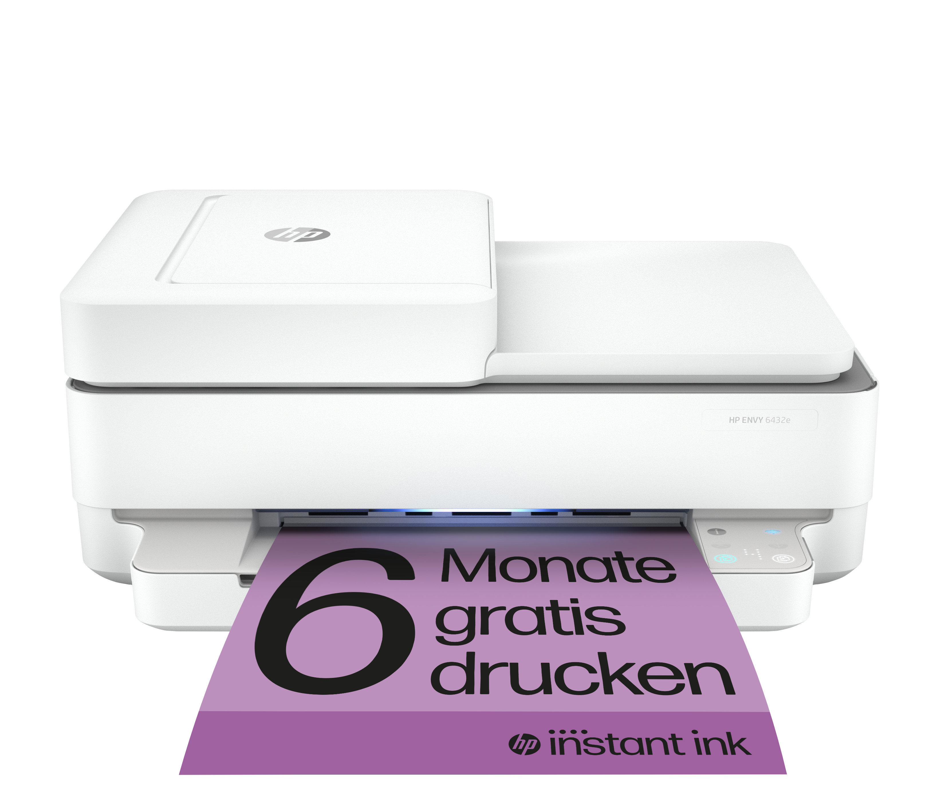 Weißer HP Envy Drucker. Lila Papier mit Text: 6 Monate gratis drucken.