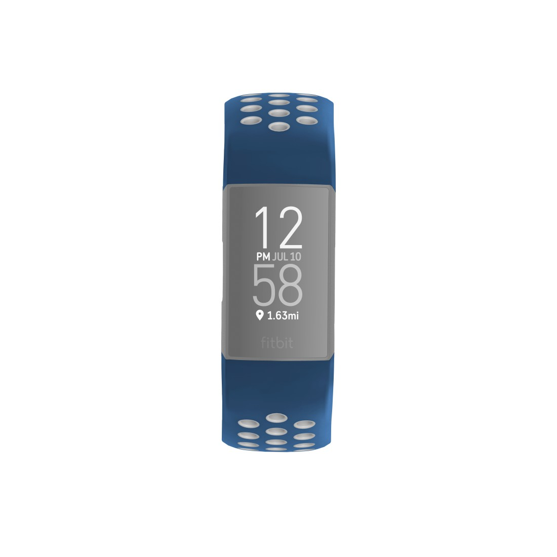 Blauer Fitbit-Fitness-Tracker, zeigt Zeit und Statistiken. Weißer Hintergrund.