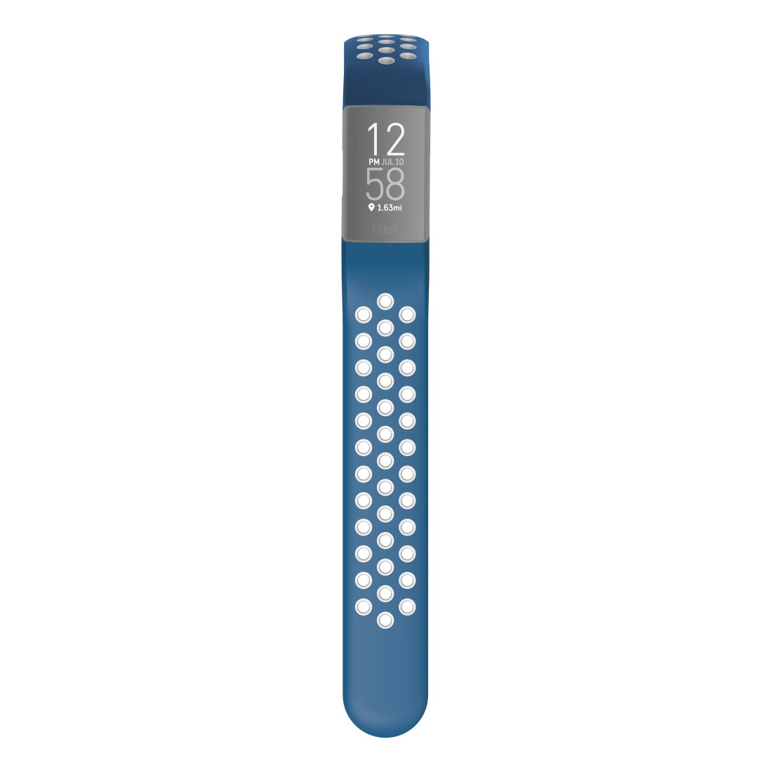 Blaue Fitbit Fitness-Tracker-Uhr. Weiße Punkte auf dem Armband, mit digitaler Anzeige.