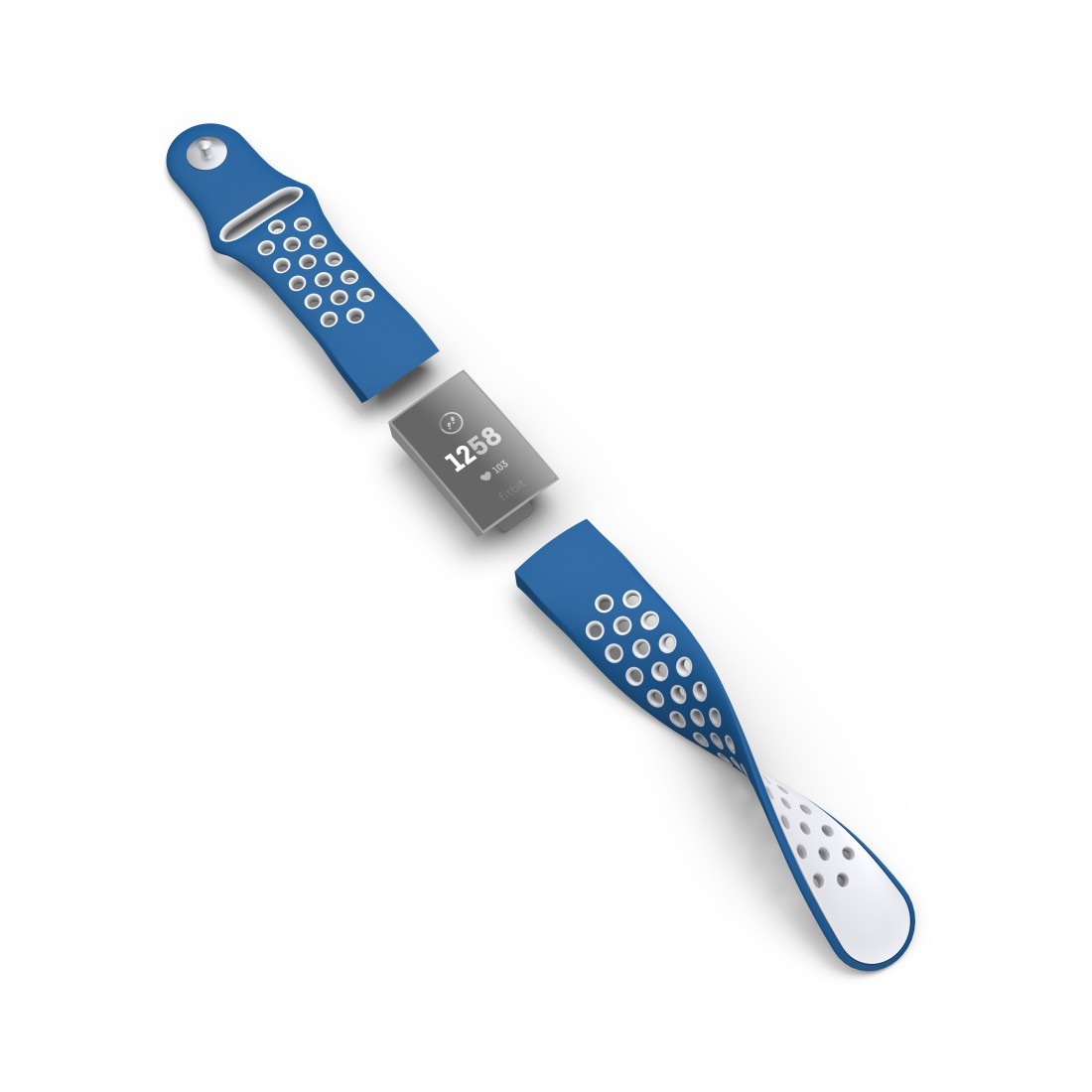 Fitbit-Tracker mit zwei blau-weißen Armbändern. Der Tracker ist grau und hat ein Display.