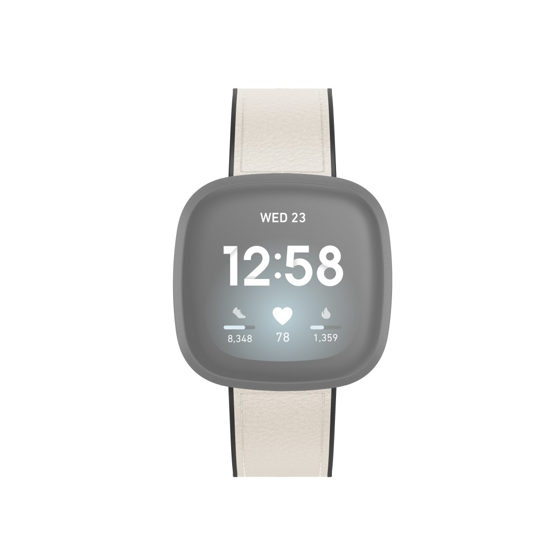 Smartwatch mit hellgrauem Zifferblatt und cremefarbenem Armband. Zeigt Zeit, Datum, Herzfrequenz.