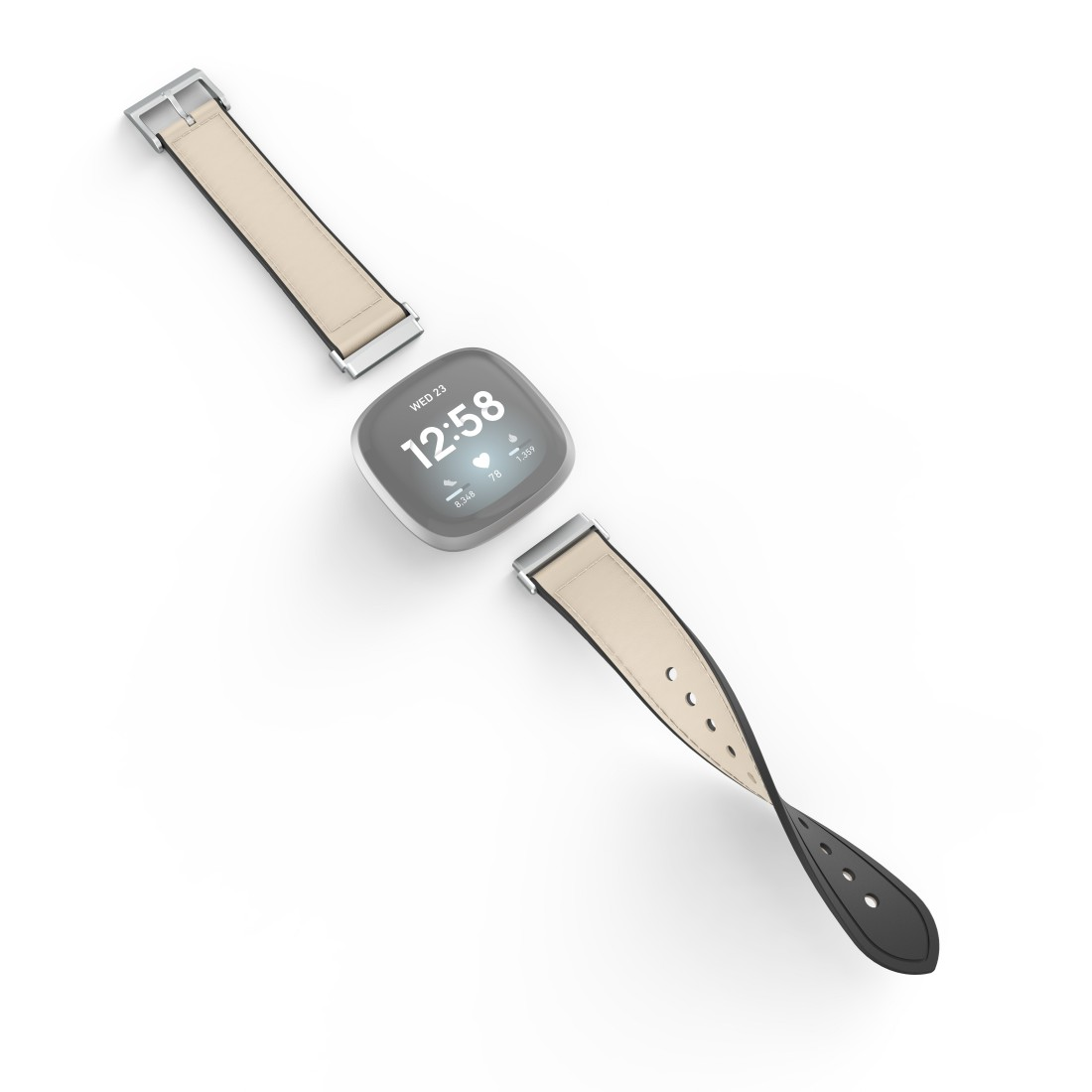 Eine Smartwatch, getrennt von ihren Bändern, zeigt Zeit und Gesundheitsdaten.