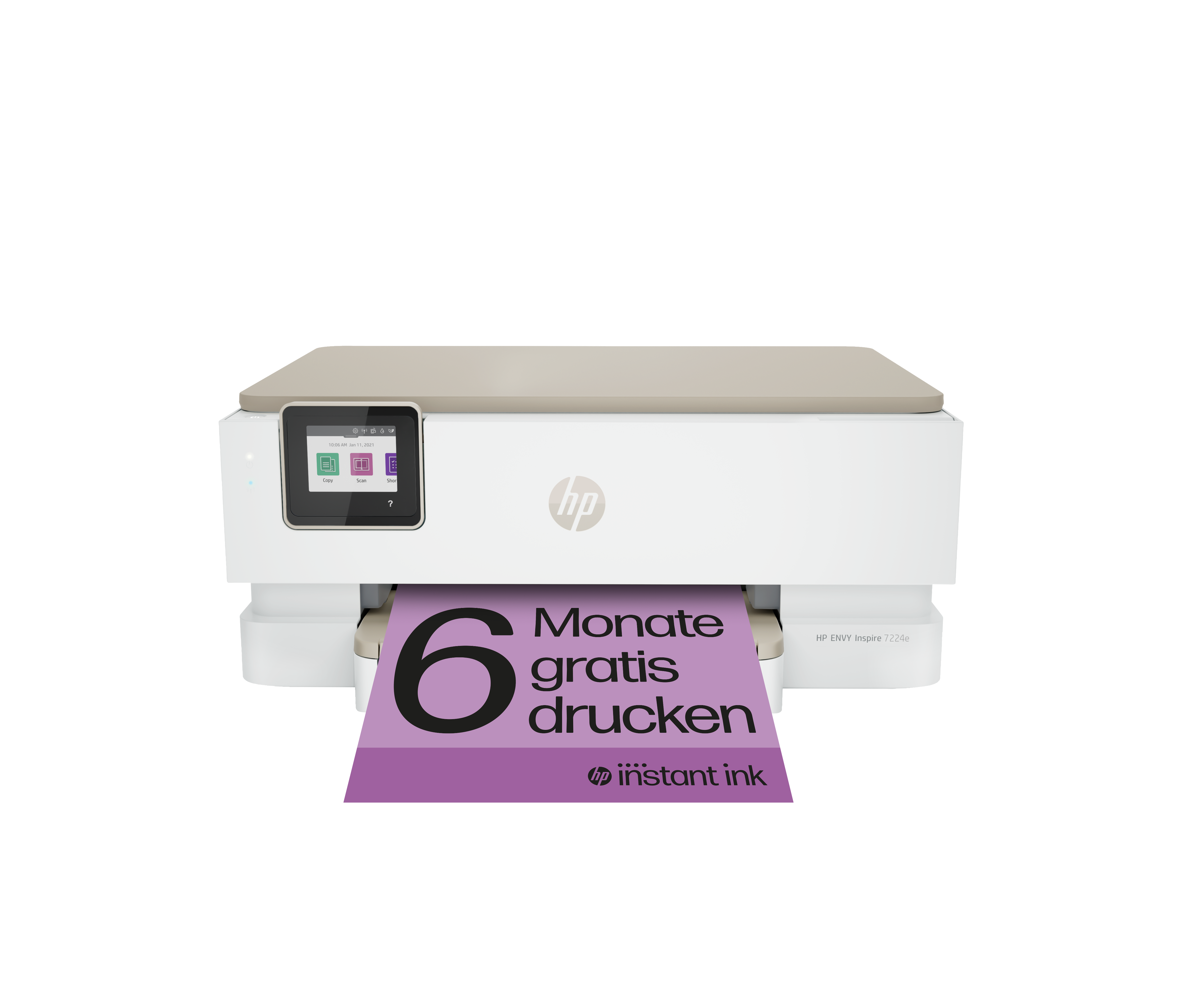 Weißer HP-Drucker mit lila Papier, das '6 Monate gratis drucken' und HP-Logo anzeigt.