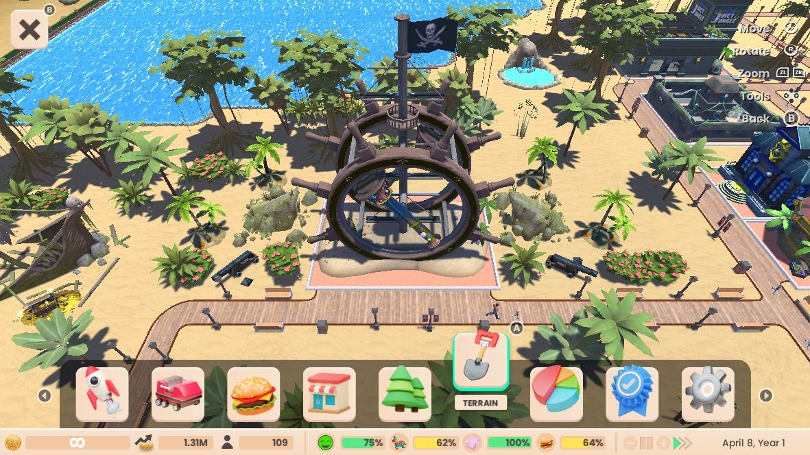 Spieloberfläche mit einem Piratenpark und verschiedenen Werkzeugen.