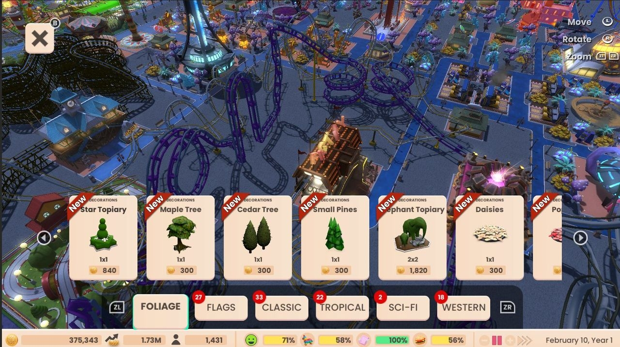 Screenshot eines Freizeitpark-Spiels mit Dekorationsoptionen: Laub, Flaggen usw.