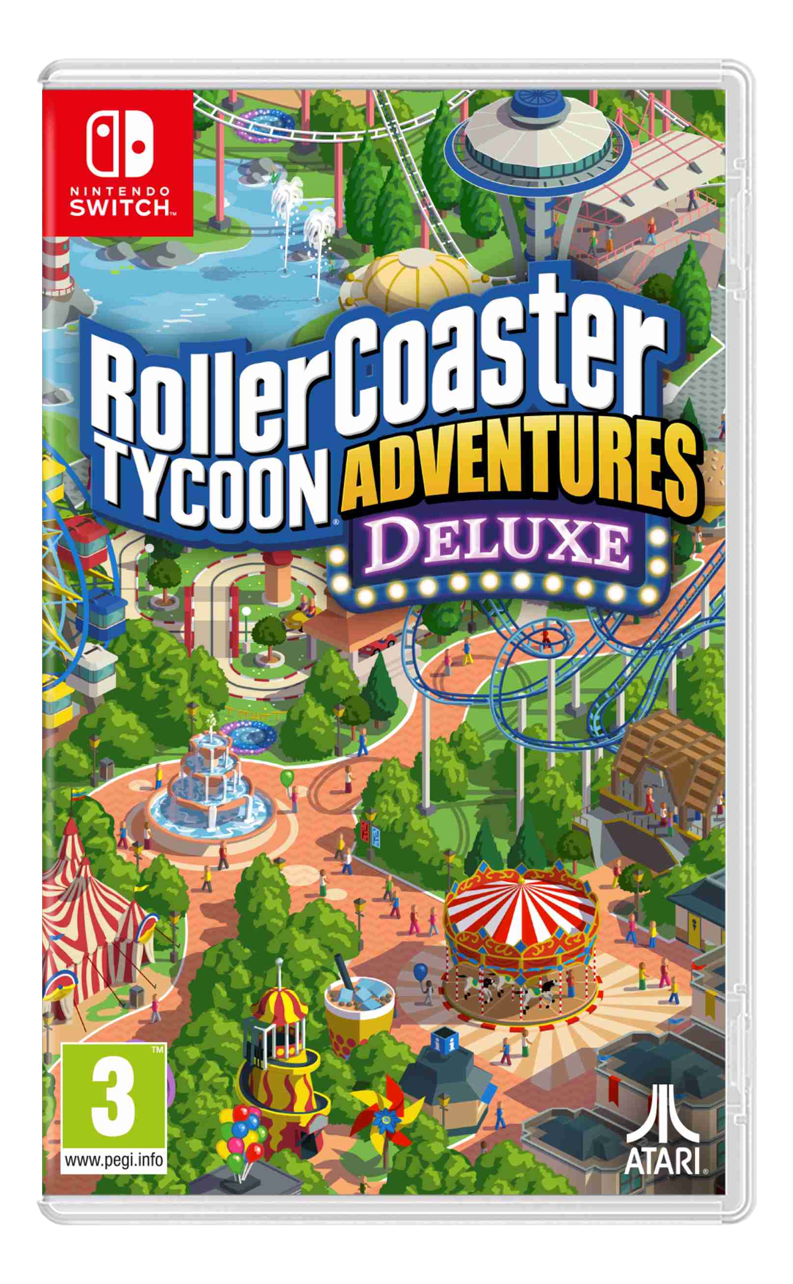 RollerCoaster Tycoon Adventures Deluxe Spielbox. Eine Szene eines Themenparks wird dargestellt.