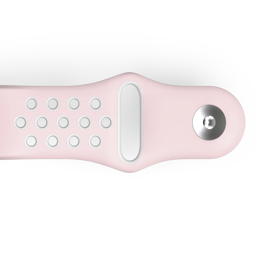 Nahaufnahme eines rosa-weißen Smartwatch-Armbands.