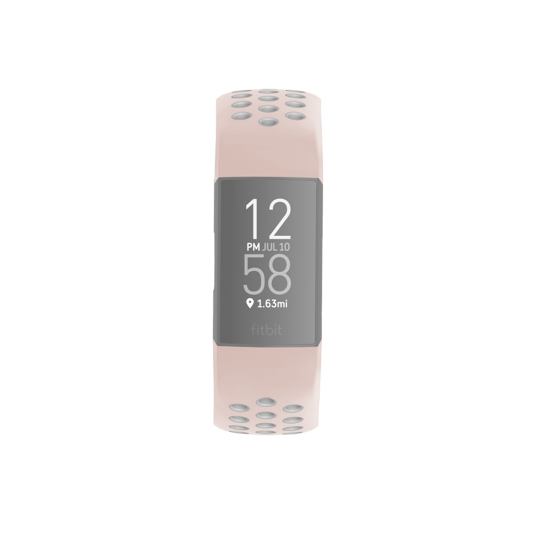 Ein rosa Fitbit Fitness-Tracker mit digitaler Anzeige, die Zeit, Datum und Kilometer anzeigt.