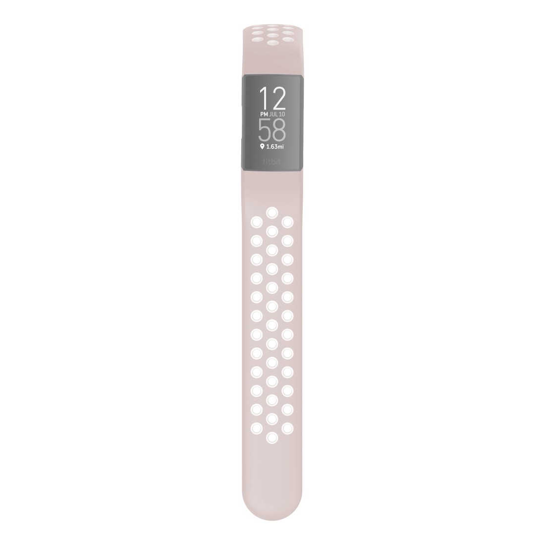 Rosa Fitness-Tracker-Armband. Das Armband zeigt die Uhrzeit und hat weiße Löcher.