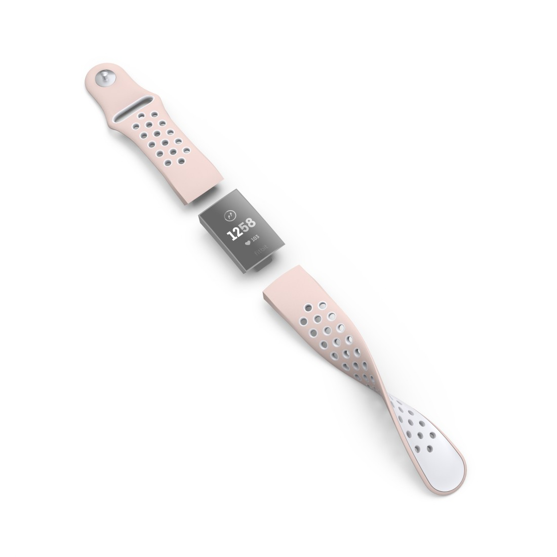 Rosafarbenes Fitbit-Armband, zerlegt, mit einem Tracker in der Mitte.