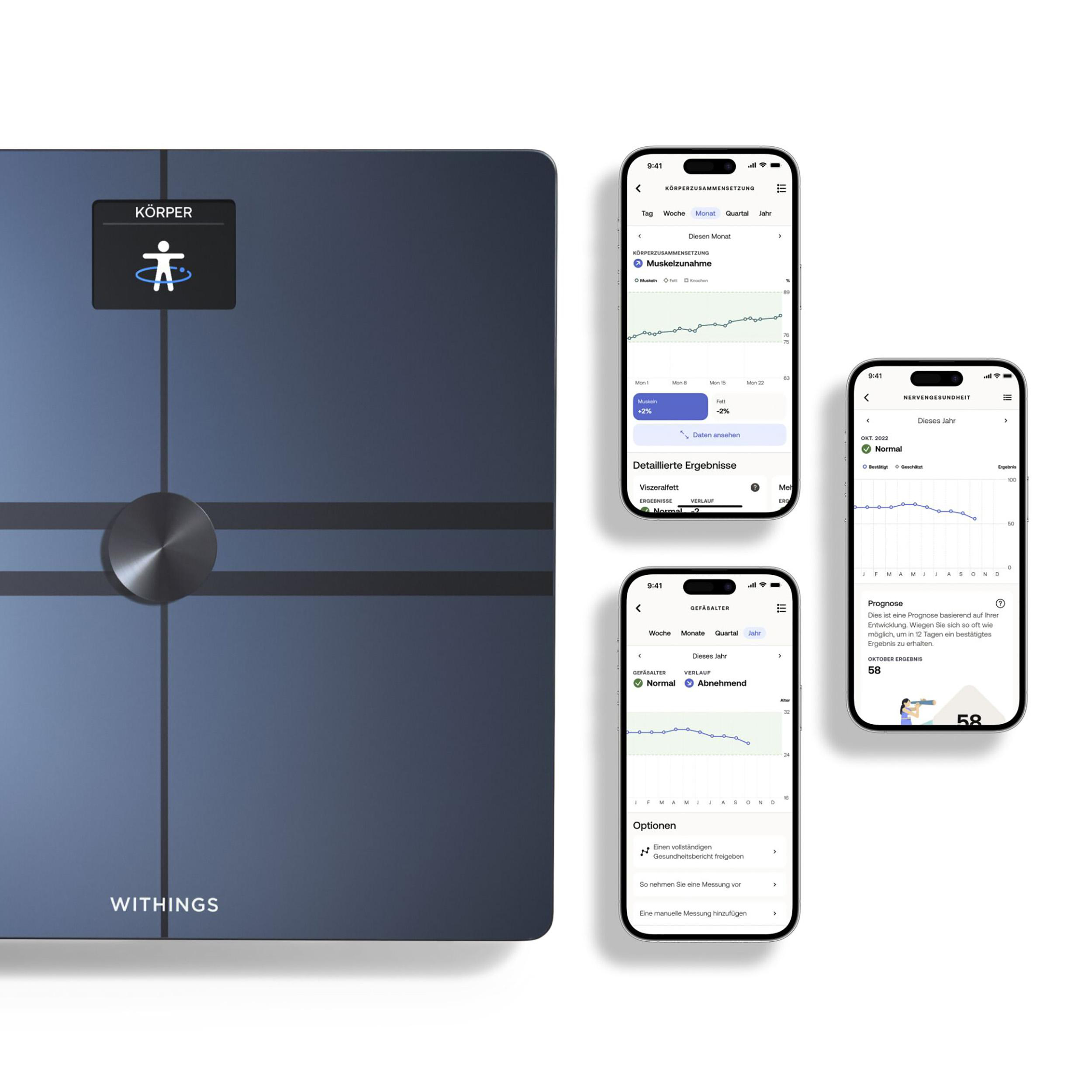 Blaue Smartwaage mit Personensymbol. Drei Telefonbildschirme zeigen Körpermetriken und Gesundheitsdaten.