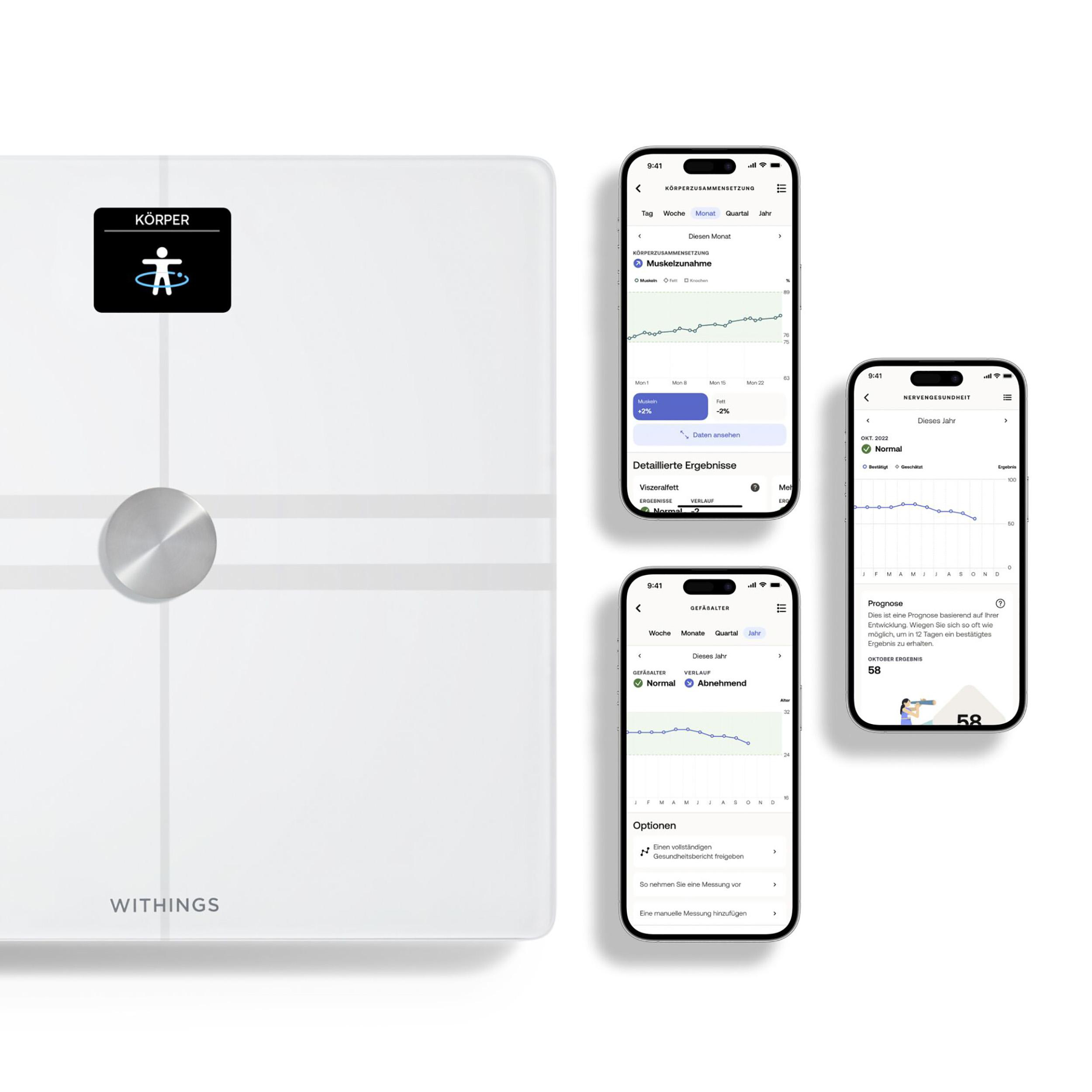 Weiße intelligente Waage mit Telefonbildschirmen mit Gesundheitsdaten. Verschiedene Diagramme werden gezeigt.