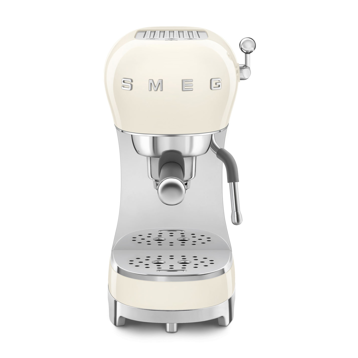 Una macchina per espresso Smeg color crema, vista frontale. Dettagli e accenti argentati sono visibili.