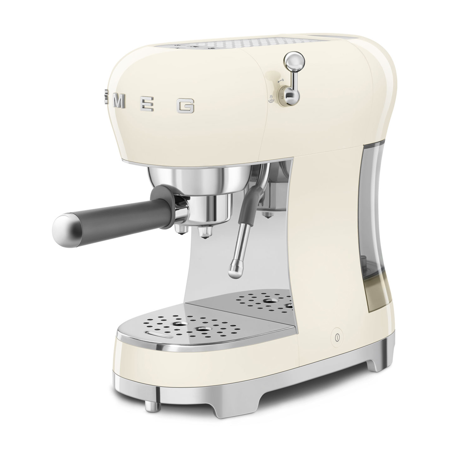 Una macchina per caffè espresso Smeg color crema su sfondo bianco.