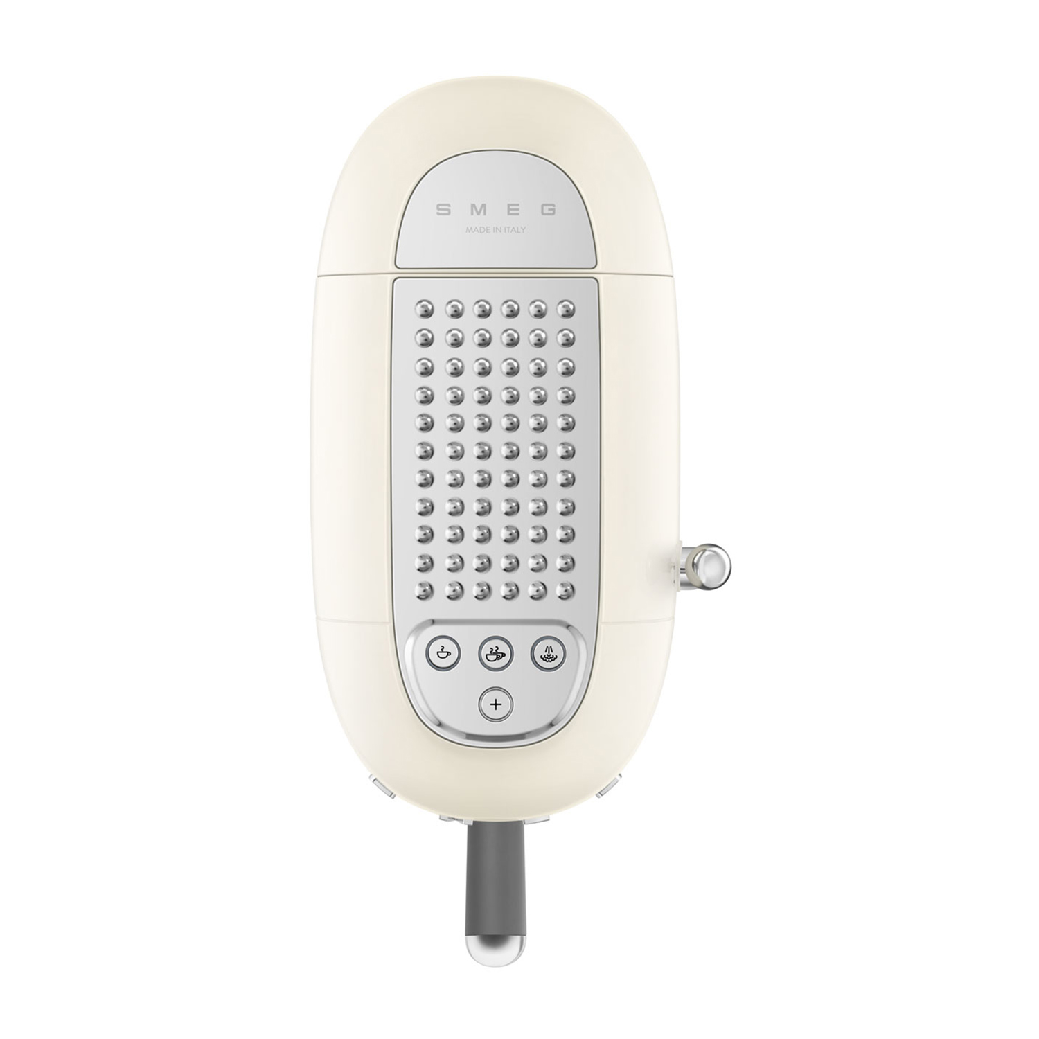 Un soffione doccia SMEG bianco con frontalino argentato e pulsanti, su sfondo bianco.