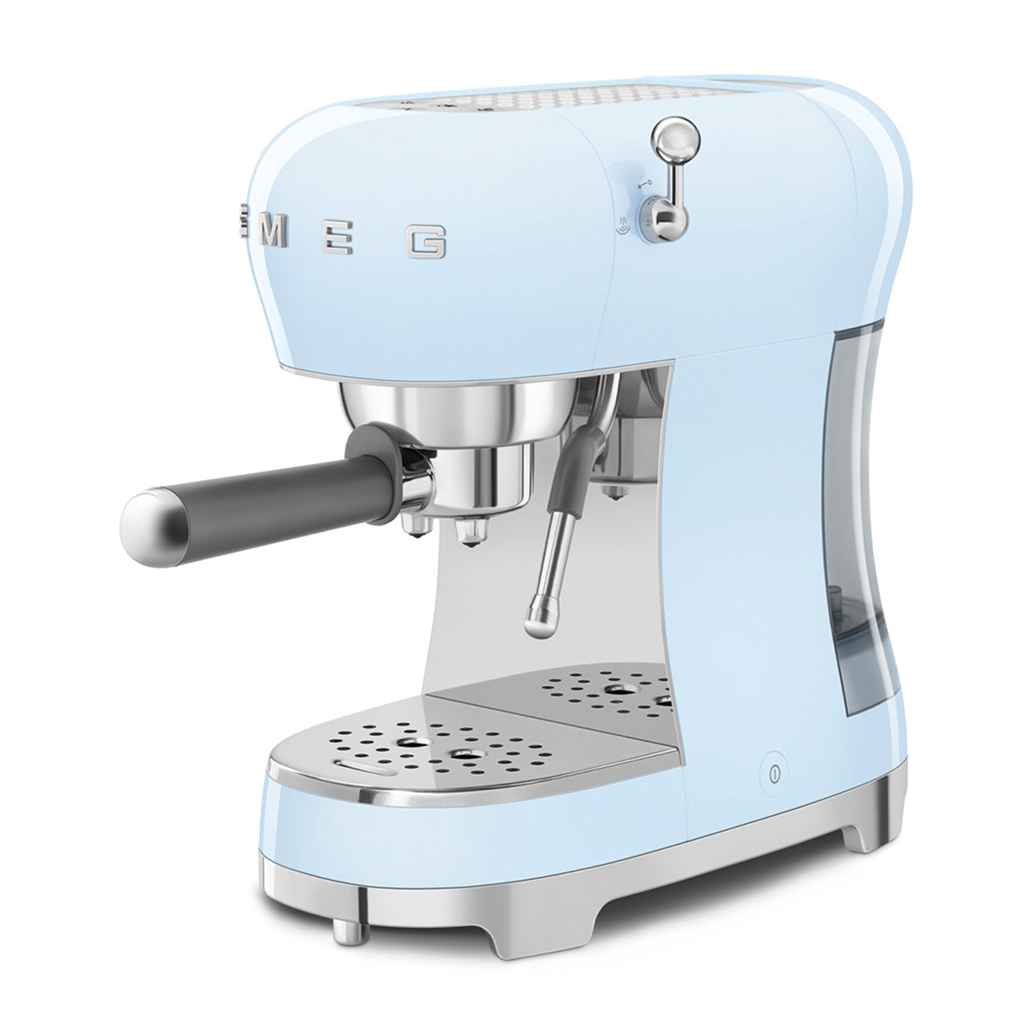 Macchina per espresso Smeg azzurro chiaro con dettagli cromati, sfondo bianco.
