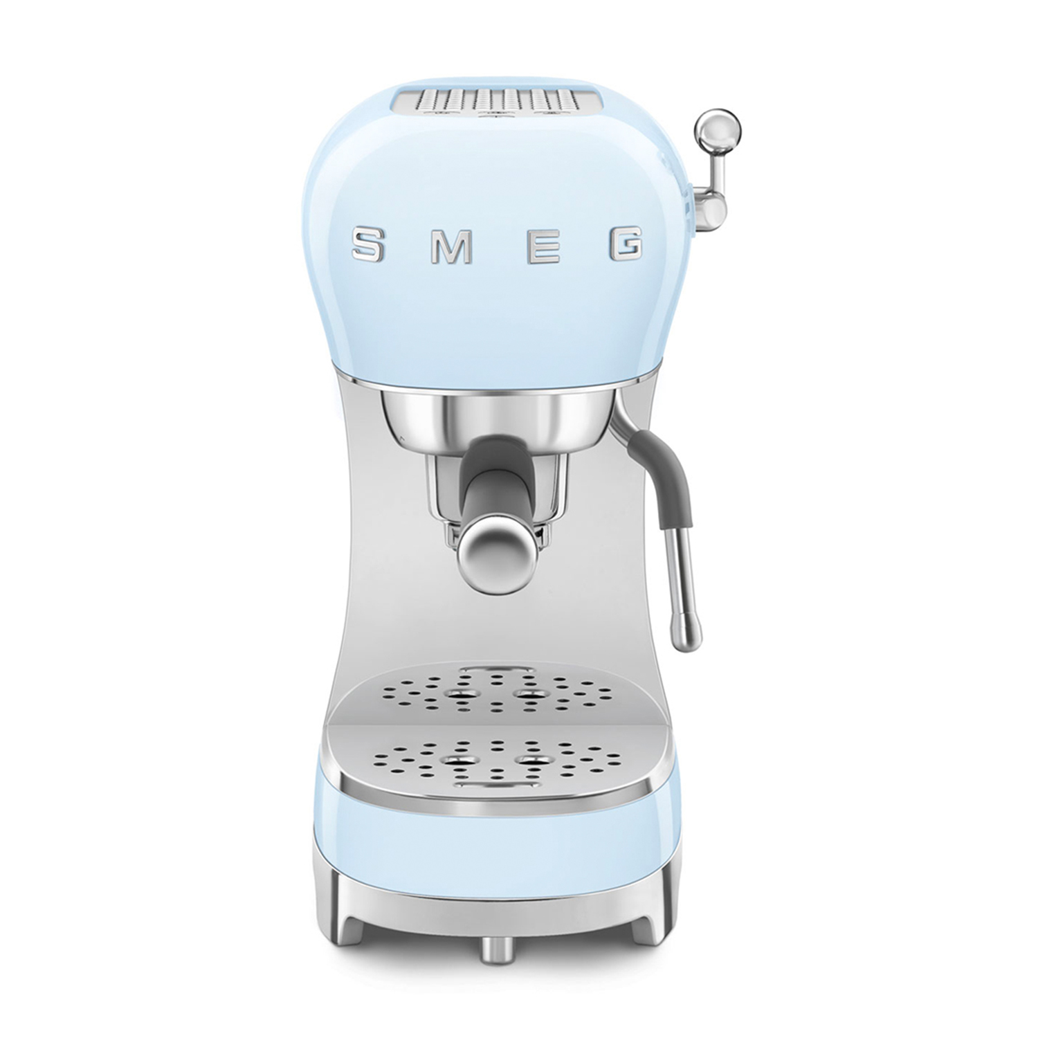 Macchina per espresso SMEG azzurra su sfondo bianco. La macchina è in vista frontale.