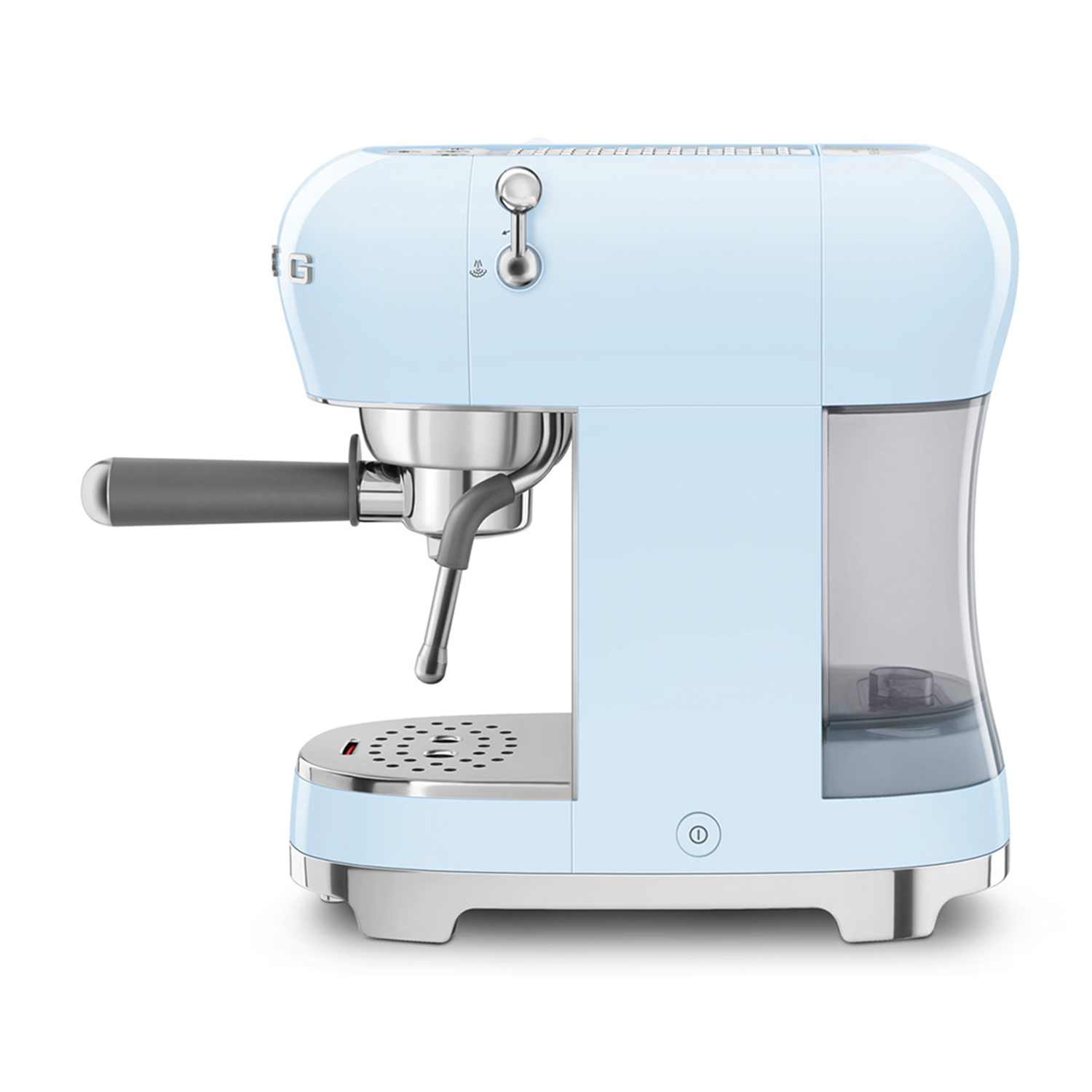 Macchina per espresso Smeg azzurra con manico e serbatoio grigi.