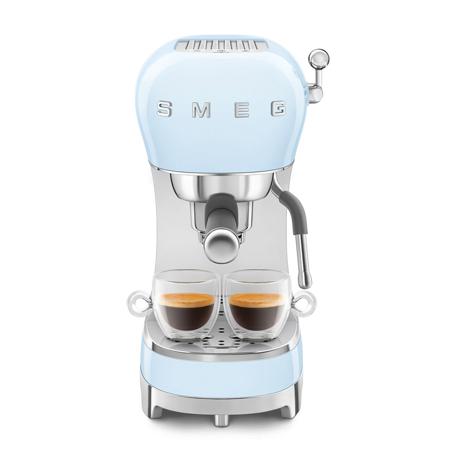 Macchina per espresso SMEG azzurra con due bicchieri pieni di espresso. Vista frontale.