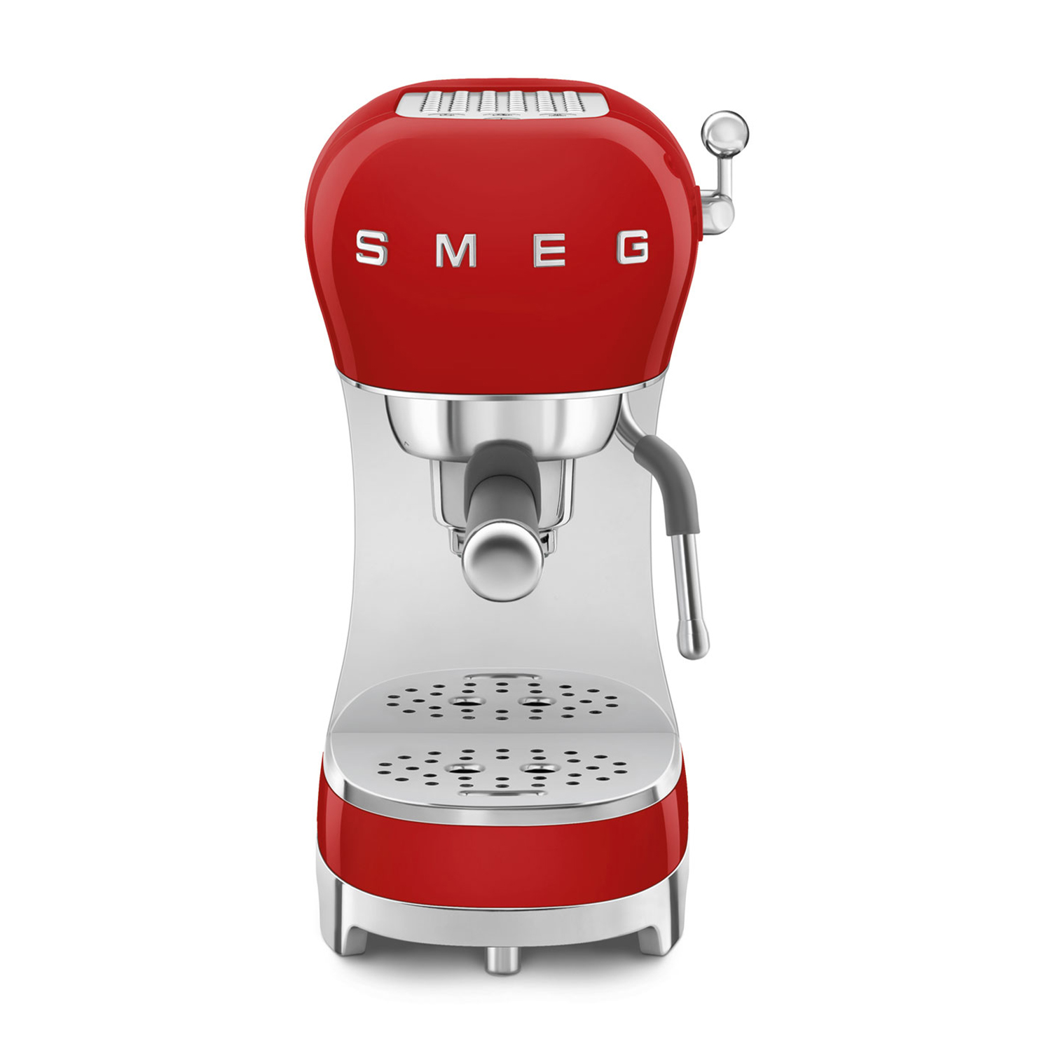 Macchina per espresso SMEG rossa con dettagli metallici.