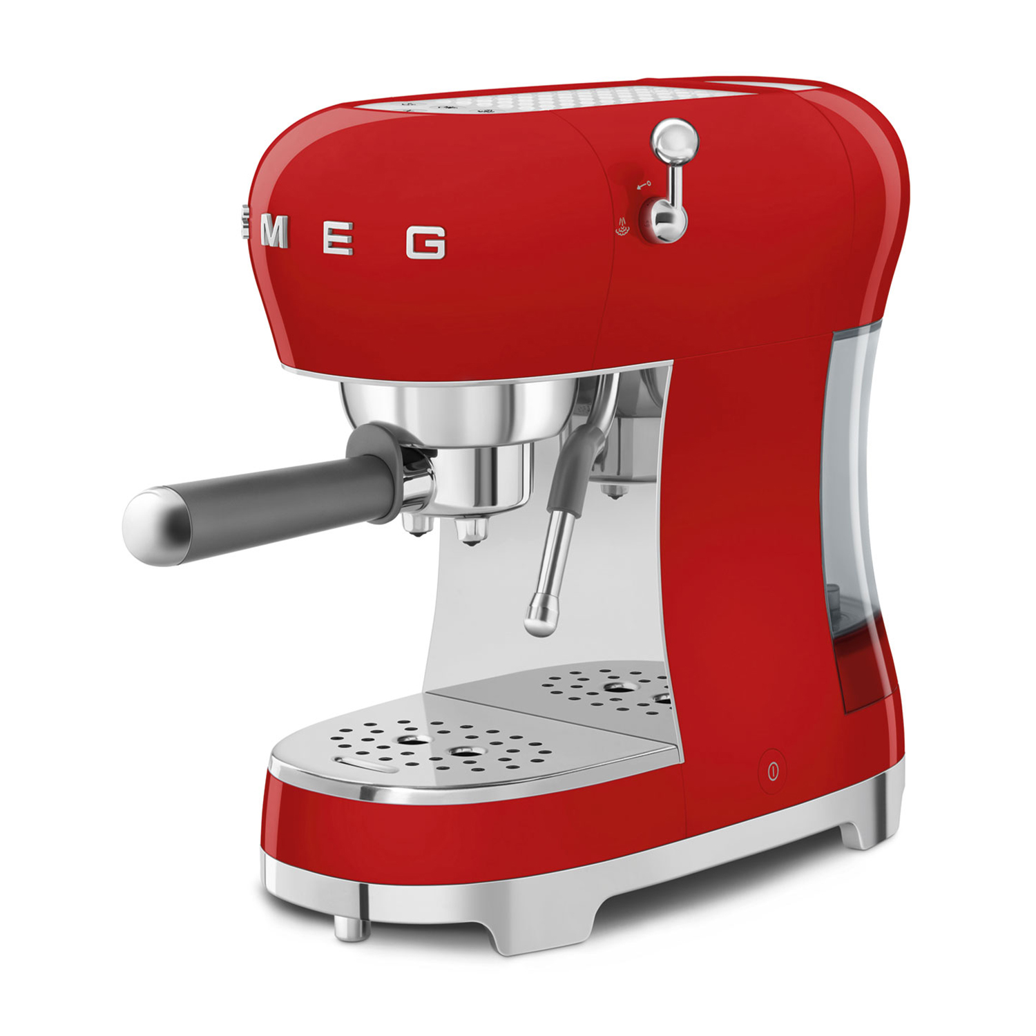 Una macchina per caffè espresso Smeg rossa su sfondo bianco. Ha dettagli cromati e una maniglia nera.