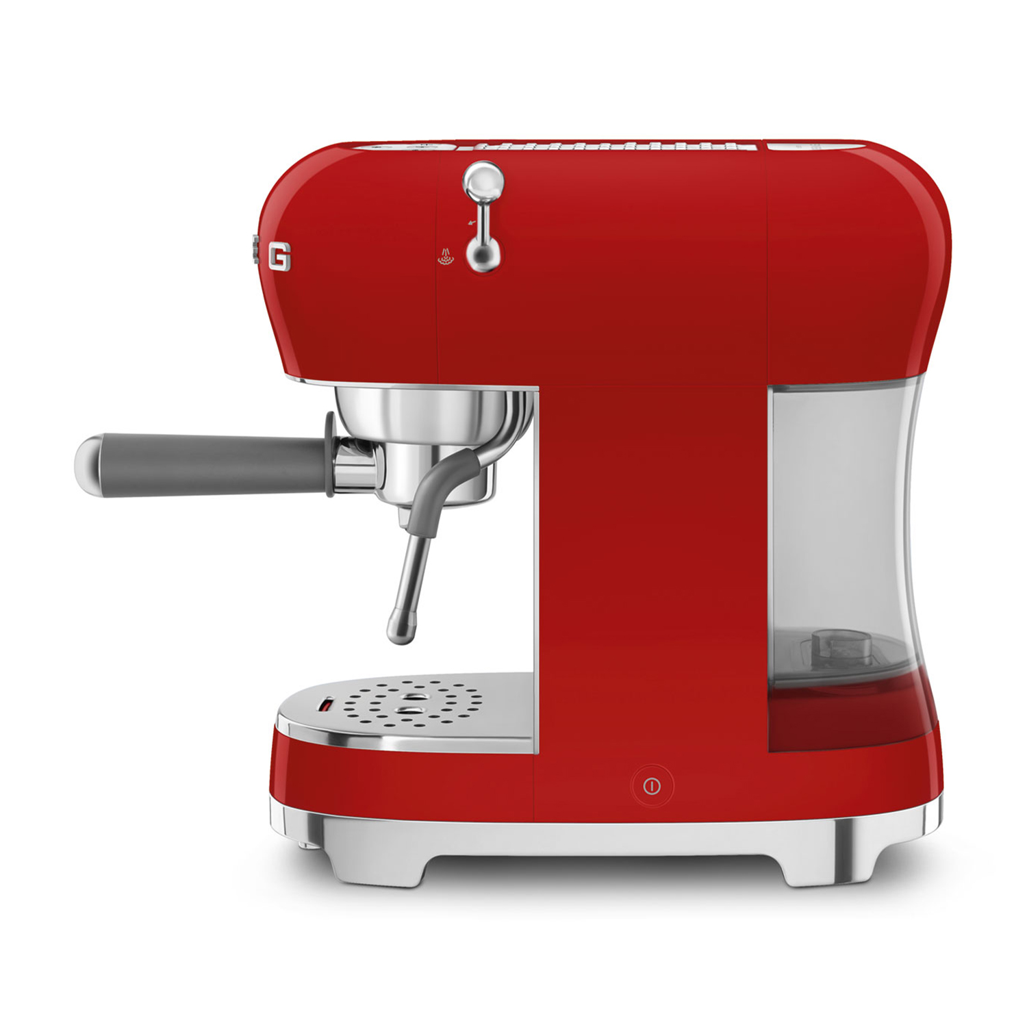Macchina per espresso SMEG rossa con dettagli cromati e un serbatoio dell'acqua trasparente.