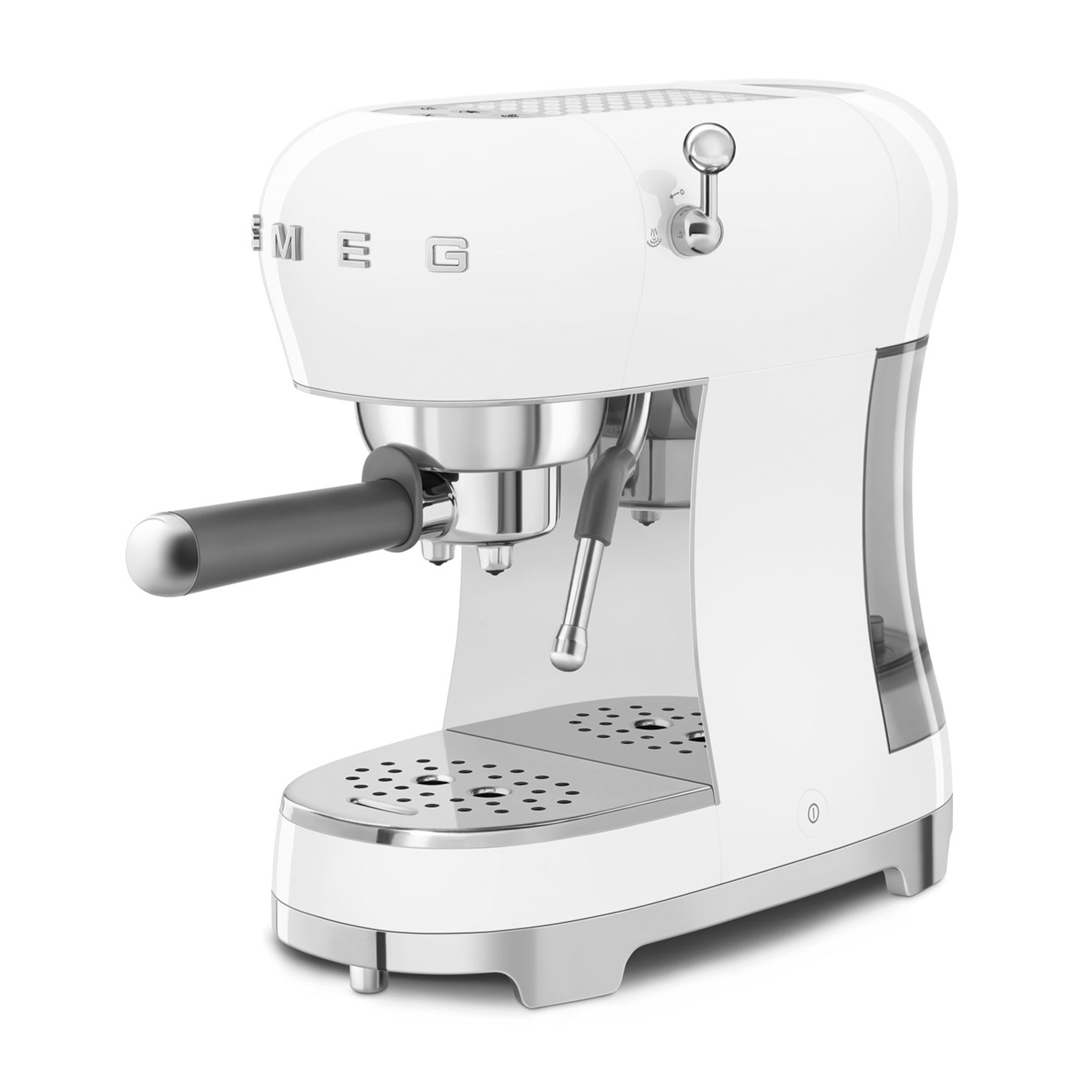 Una macchina per espresso SMEG bianca con un beccuccio in acciaio inossidabile, una maniglia nera e un serbatoio dell'acqua trasparente.