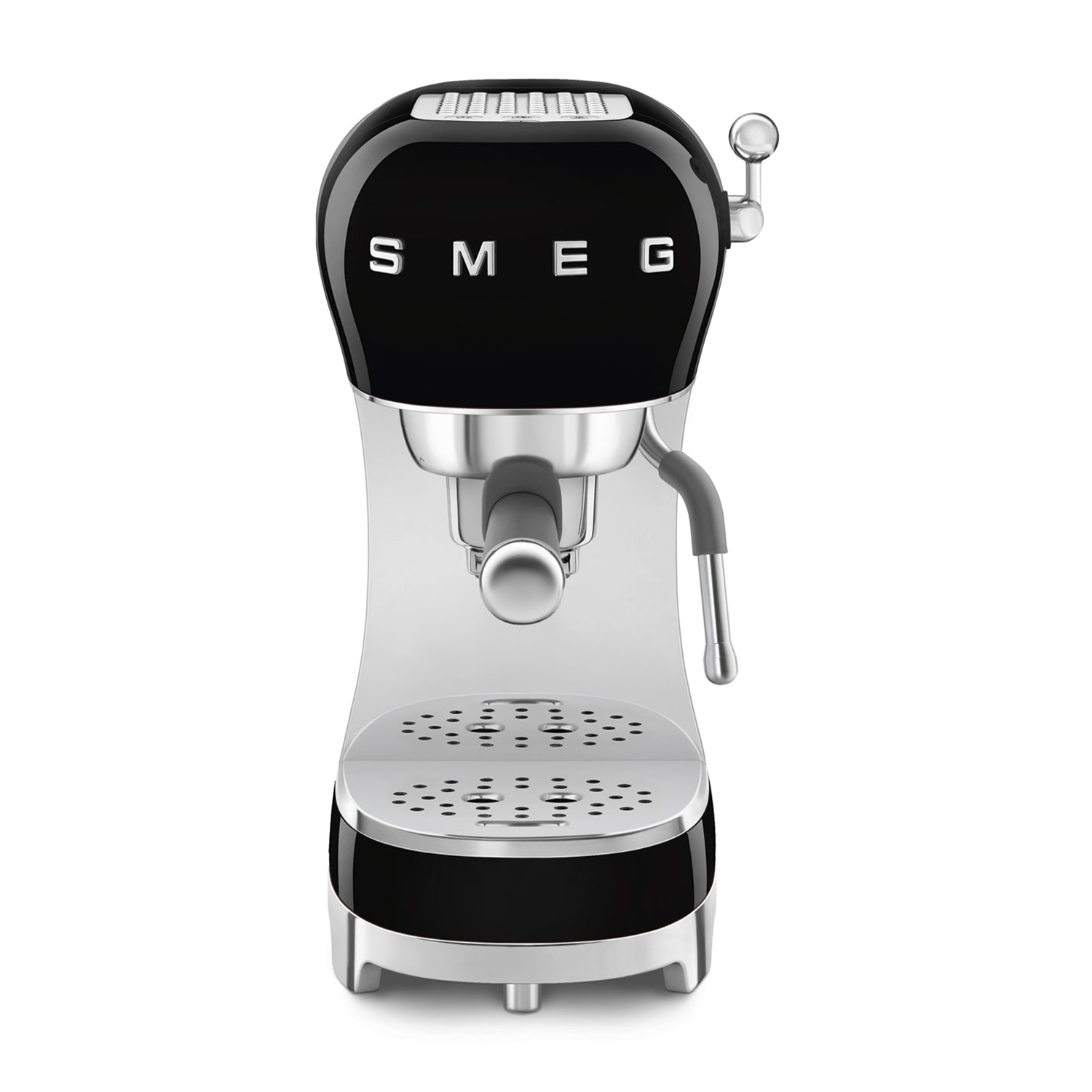 Macchina per caffè espresso SMEG nera e argento, vista frontale.