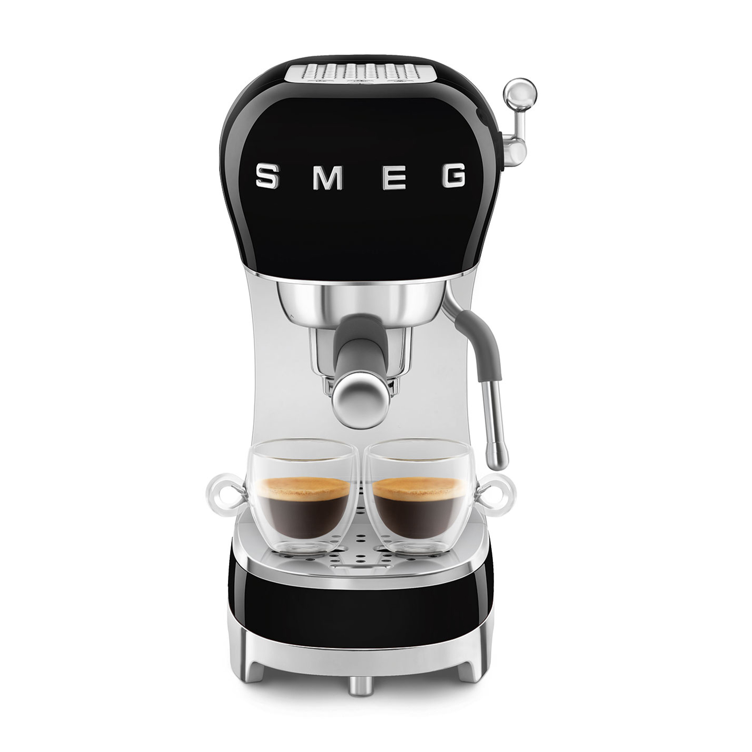 Macchina per espresso SMEG nera con finiture cromate, con due tazzine da espresso.
