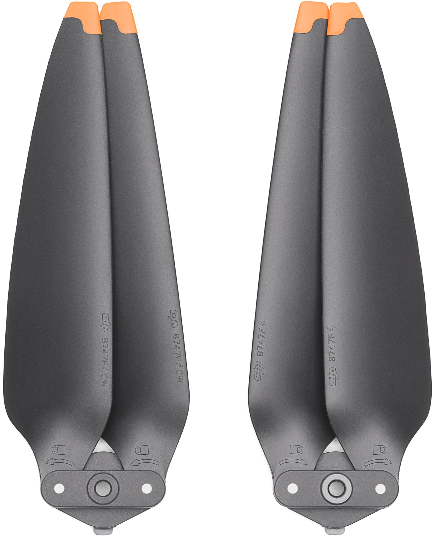 Zwei graue Drohnenpropeller mit orangen Spitzen und Etiketten.
