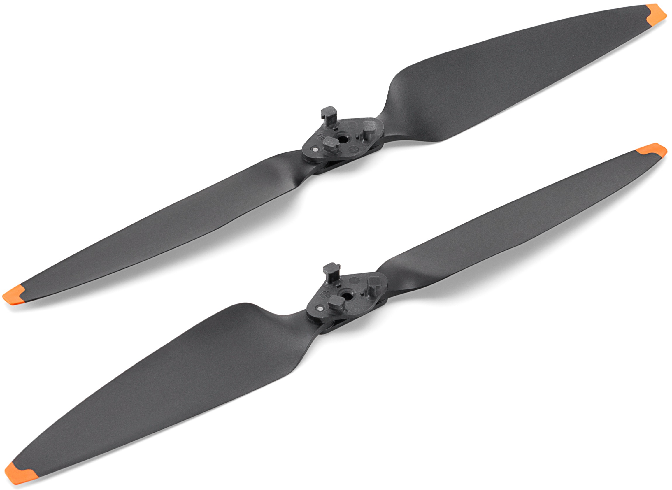 Zwei schwarze Drohnenpropeller mit orangenen Spitzen.