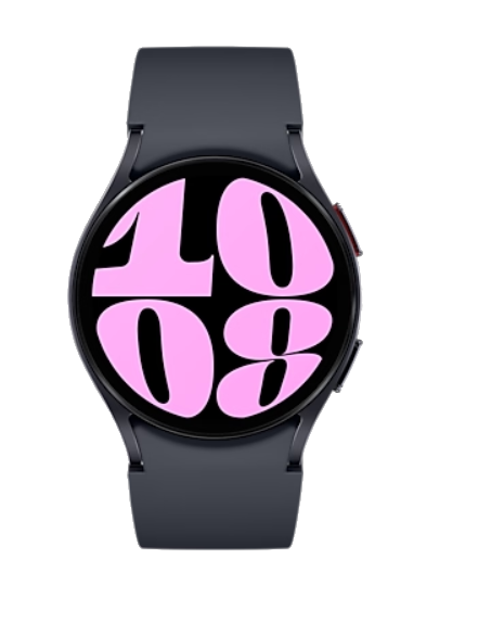'10:08' zamanını gösteren pembe bir ekrana sahip siyah bir Samsung akıllı saat.