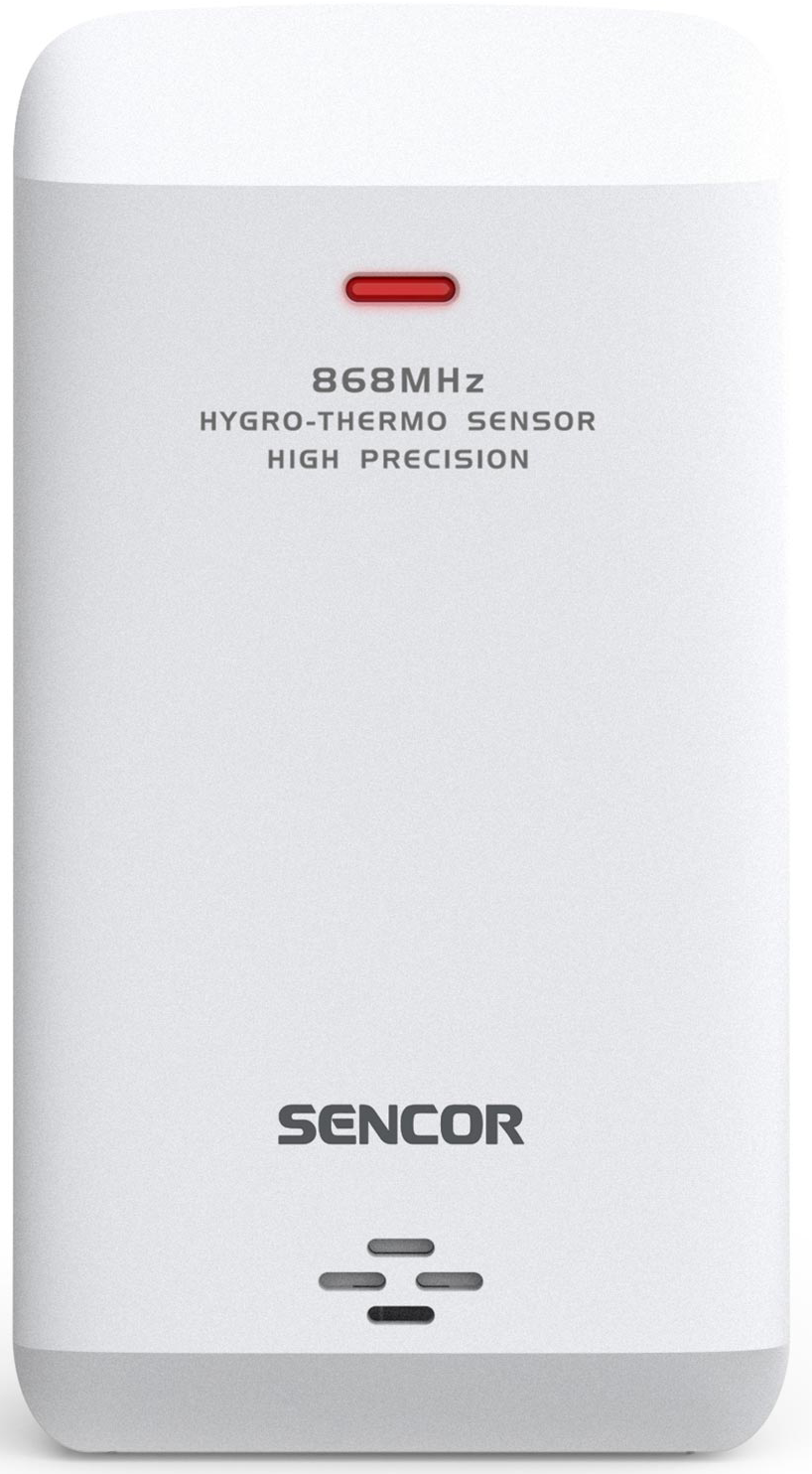 Egy fehér érzékelő, a következő szöveggel: '868MHz HYGRO-THERMO SENSOR HIGH PRECISION'.