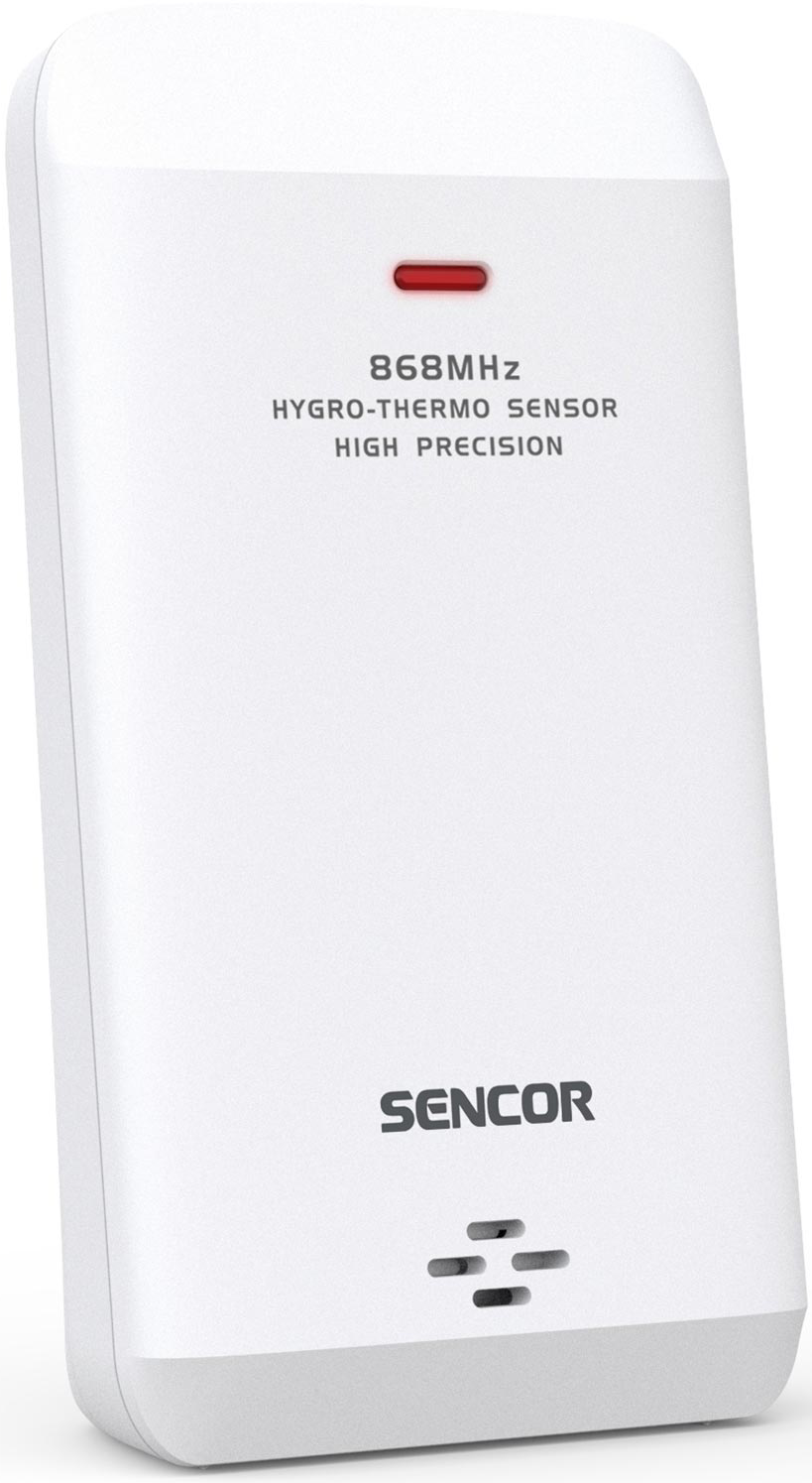 Egy fehér Sencor hygro-thermo érzékelő. Szöveg és egy piros fény van az elején. A háttér fehér.