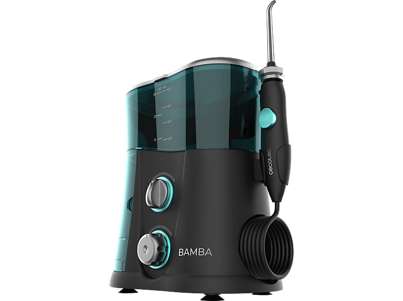 Irrigador - Cecotec Bamba ToothCare 1200 Jet Pro, 360º de giro, 10 ajustes presión, 30-125 psi, Luz UV, 7 boquillas, Negro