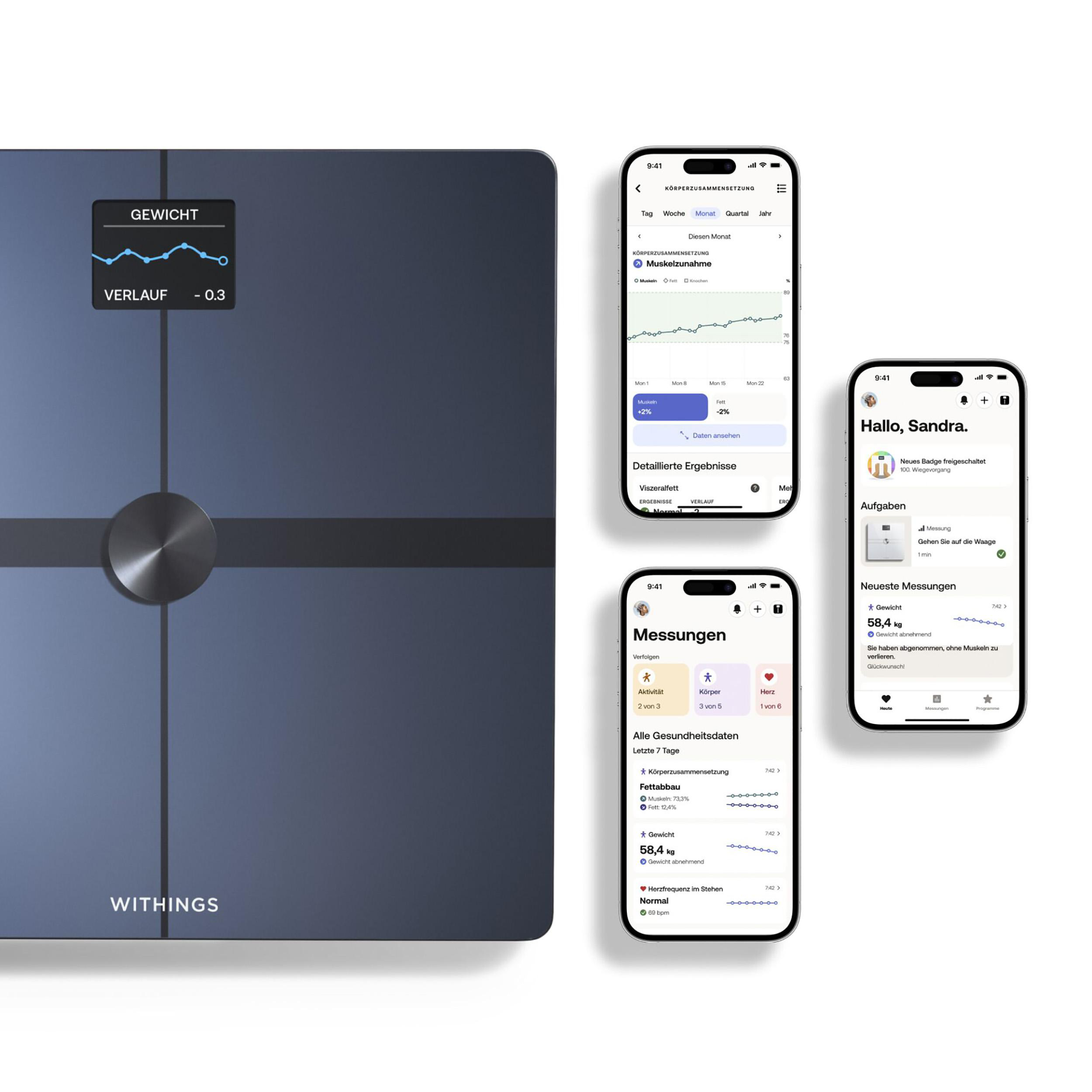Eine Digitalwaage mit Telefon-Apps, die Gewicht, Körperzusammensetzung und Gesundheitsdaten zeigen.