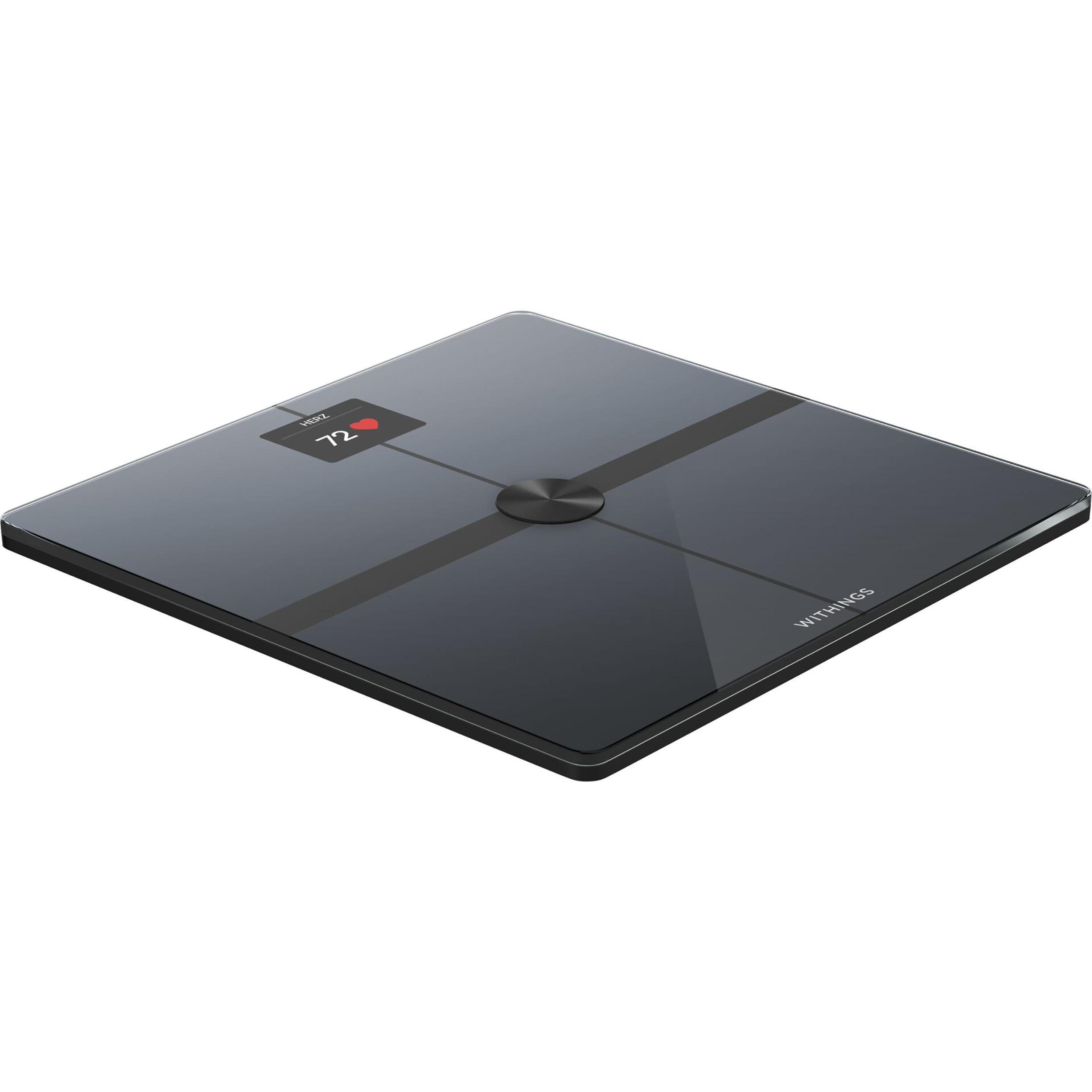 Schwarze und silberne Smart-Waage. Zeigt das Gewicht als 72 und ein Herzsymbol.