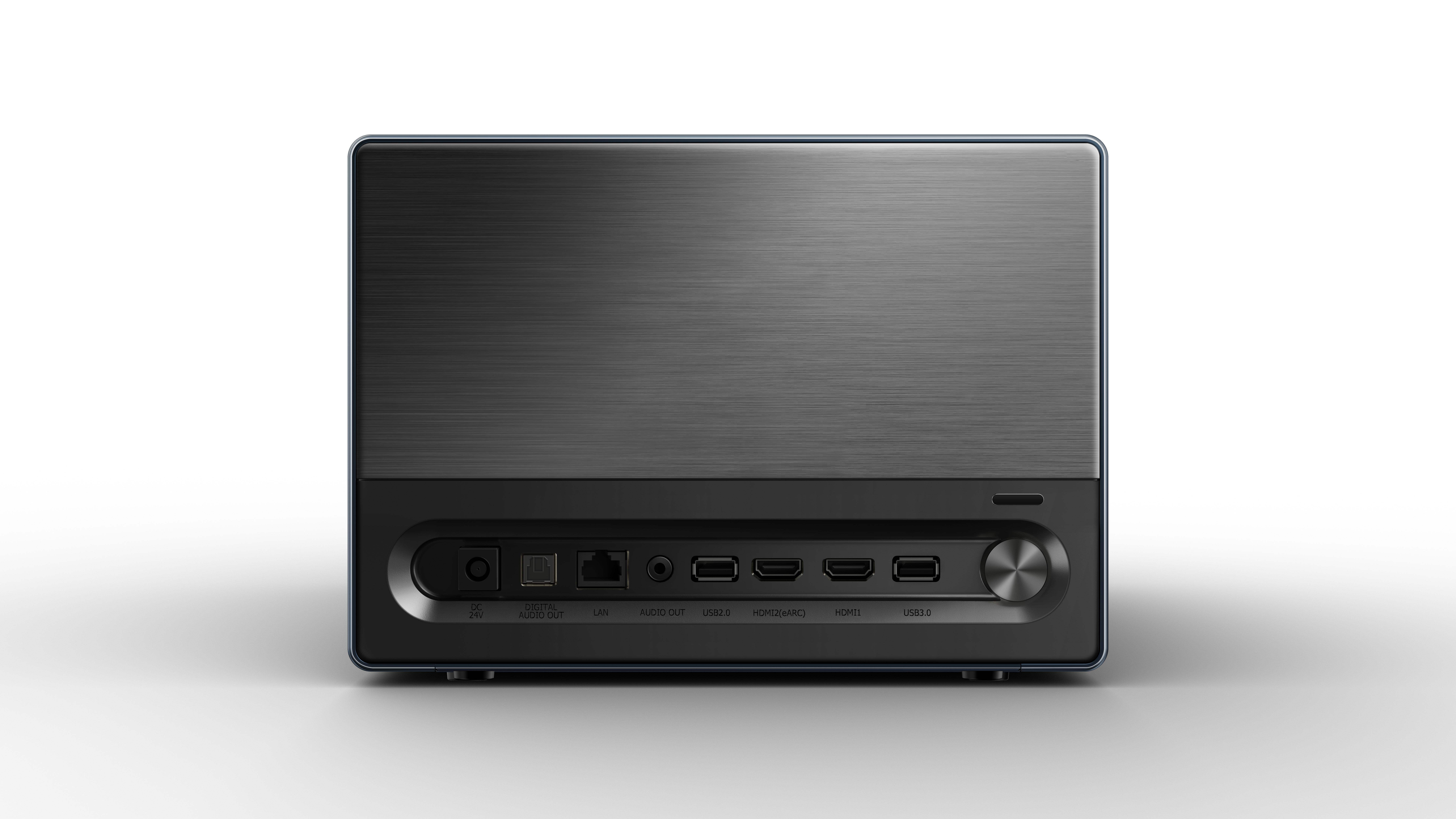 Rückansicht eines schwarzen und silbernen Geräts mit Anschlüssen. Anschlüsse: DC, LAN, Audio Out, HDMI, USB.